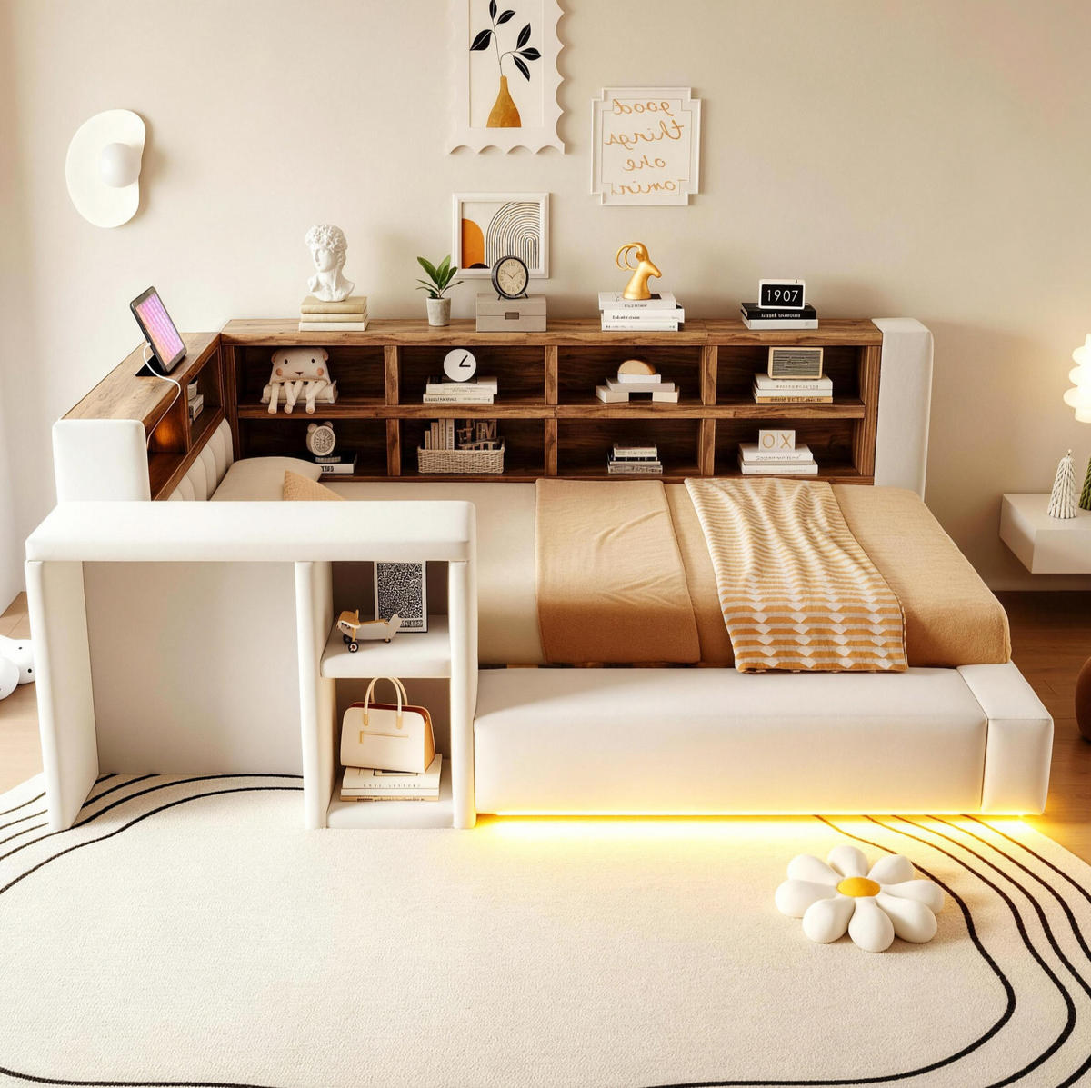 POLSTERBETT 90/200 cm aus Samtstoff mit LED-Beleuchtung und Steckdosen, Beige - Beige, Textil (90/200cm) - OKMYHOME