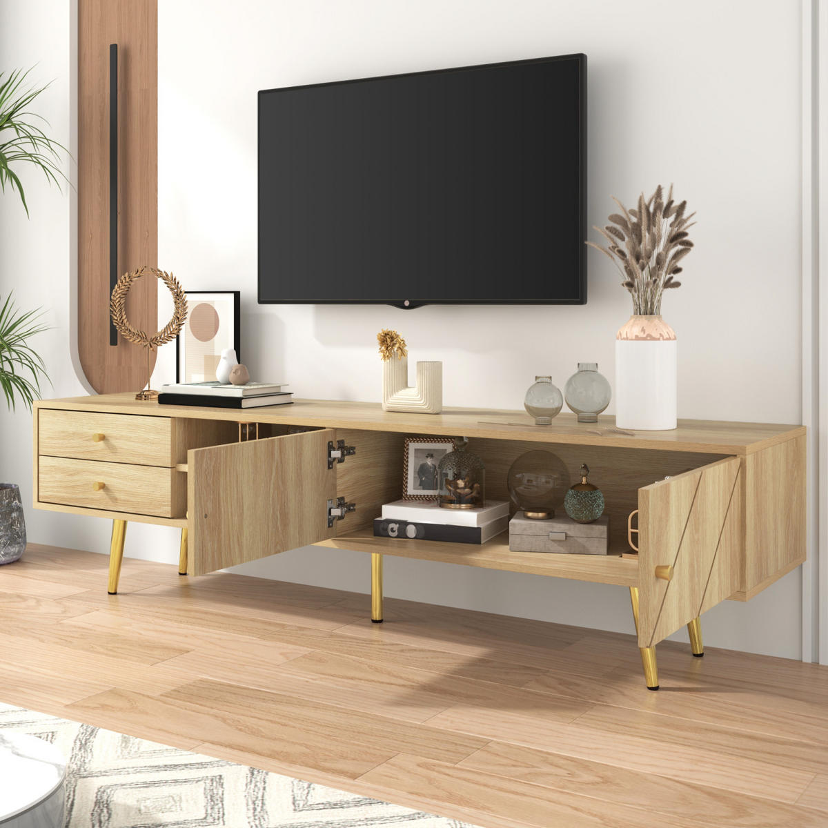 TV Lowboard 160 cm, 2 Schubladen, 2 Türen, goldene Füße, Holz - Braun, Holz (160/42/36cm)