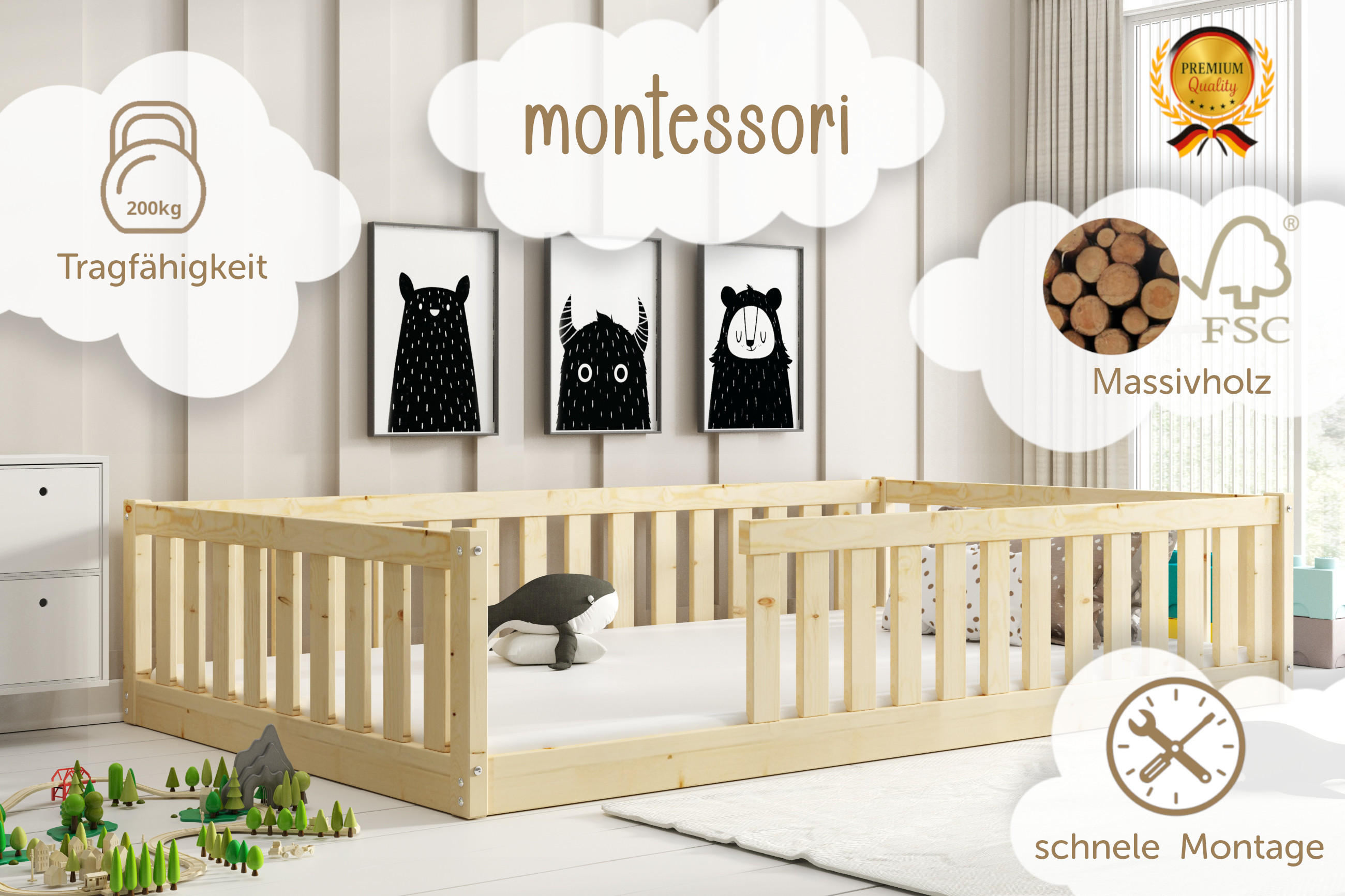 BODENBETT Bella 120x200 mit Rausfallschutz - Naturfarben, Holz (120/200cm) - Interbeds