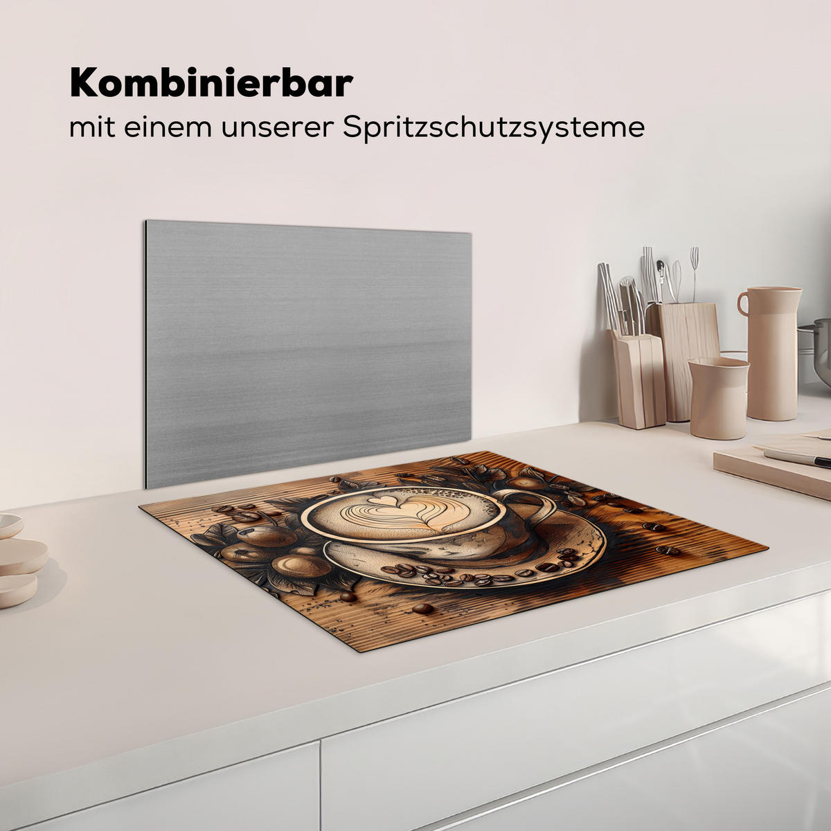 KRYT NA INDUKČNÍ DESKU Káva - Vintage - hnědá - šálek - dřevo 65x52 cm - kapučínová, plast (65/52/0.2cm) - MuchoWow