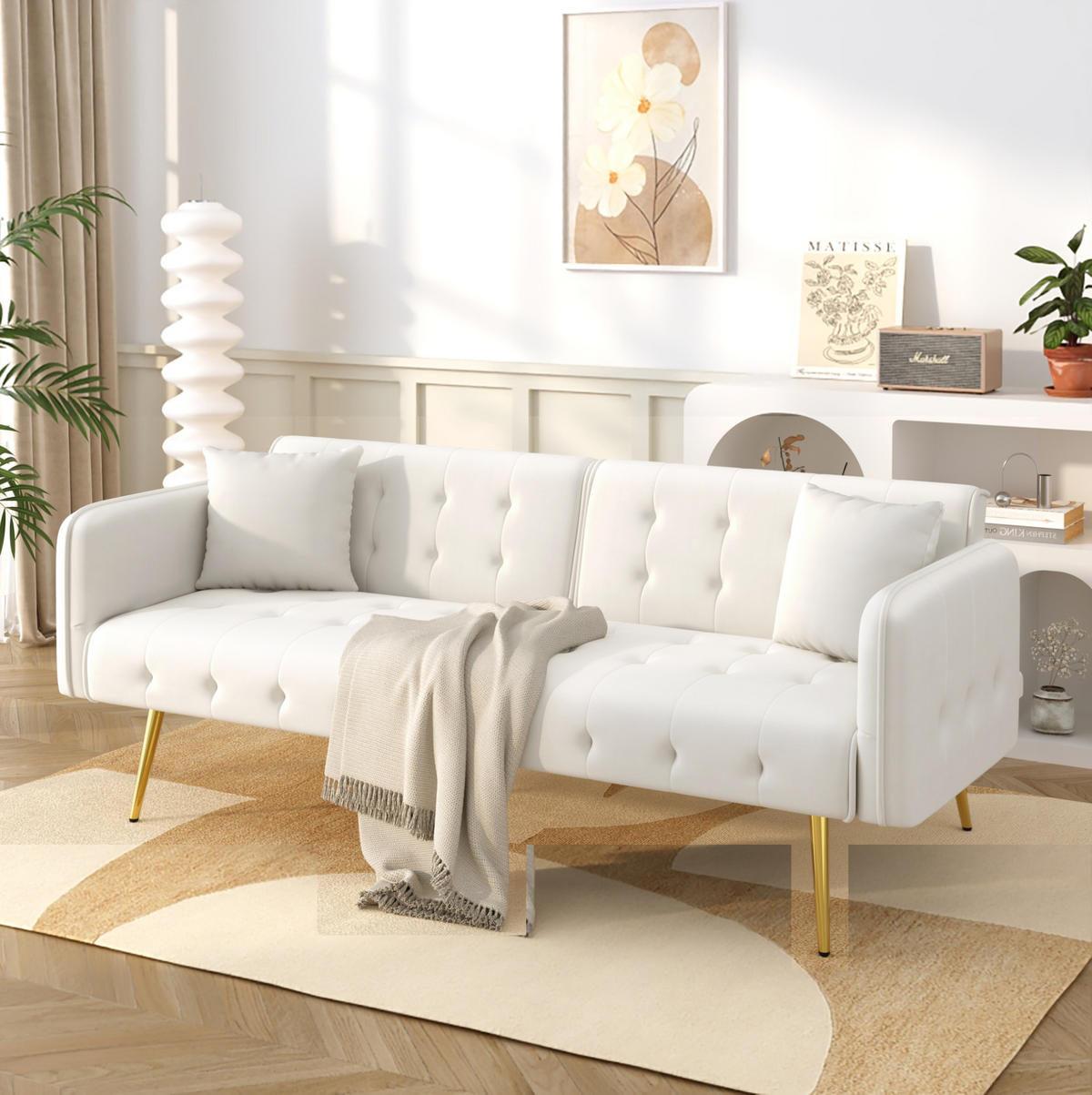 SOFABETT 2-in-1 215 x 81,5 cm Velours Ancient White - Weiß, Kunststoff (178/70/82cm) - Meubliv
