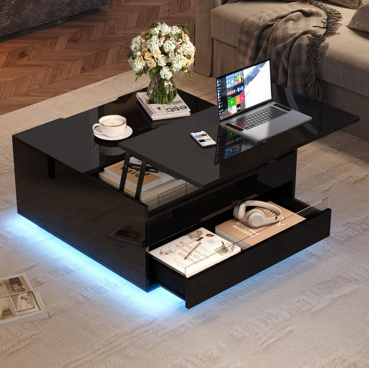 COUCHTISCH aus Spanplatte 70x70x38 cm in Schwarz mit LED & Stauraum - Schwarz, Holzwerkstoff (70/70/38cm) - Modfu