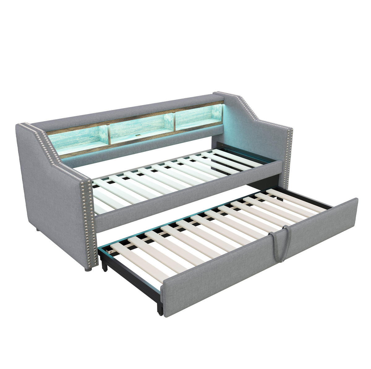 MULTIFUNKTIONSBETT 90/190 cm und 180/190 cm Hellgrau mit LED-Beleuchtung und USB-Anschluss Mit Matratze - Hellgrau, Textil (90/190cm) - OKWISH