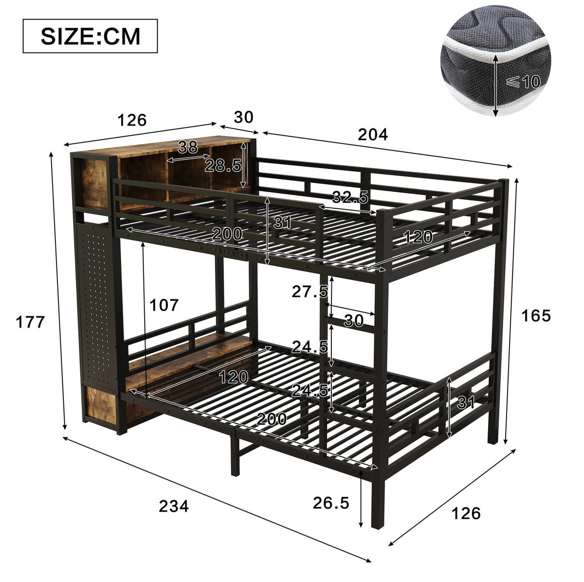 ETAGENBETT aus Metall und Holz 120x200 cm Schwarz/Dunkelbraun mit Stauraum, Kleiderstange, Schublade und Lochwand - Schwarz, Metall (120/200cm) - Modfu