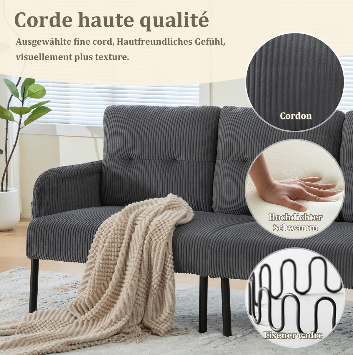 3-SITZER-SOFA 171/72/80 cm aus Cord mit Seitentasche Grau - Grau, Textil (72/80/171cm) - Modenvie
