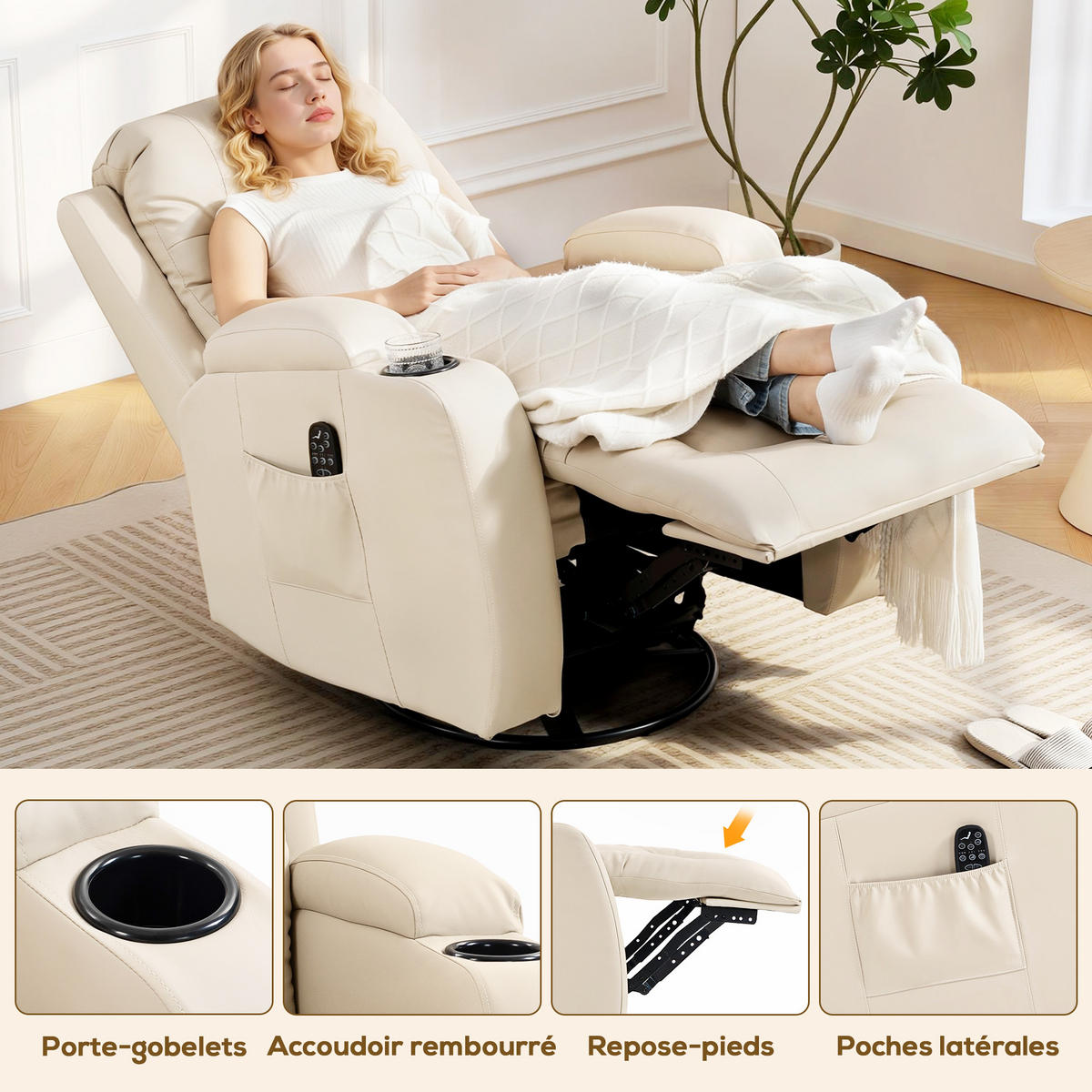 MASSAGESESSEL DE-15444 8 Massagepunkte mit Heizung und 360° Drehung Creme - Creme, Leder (82/103/99cm) - ComfortXL
