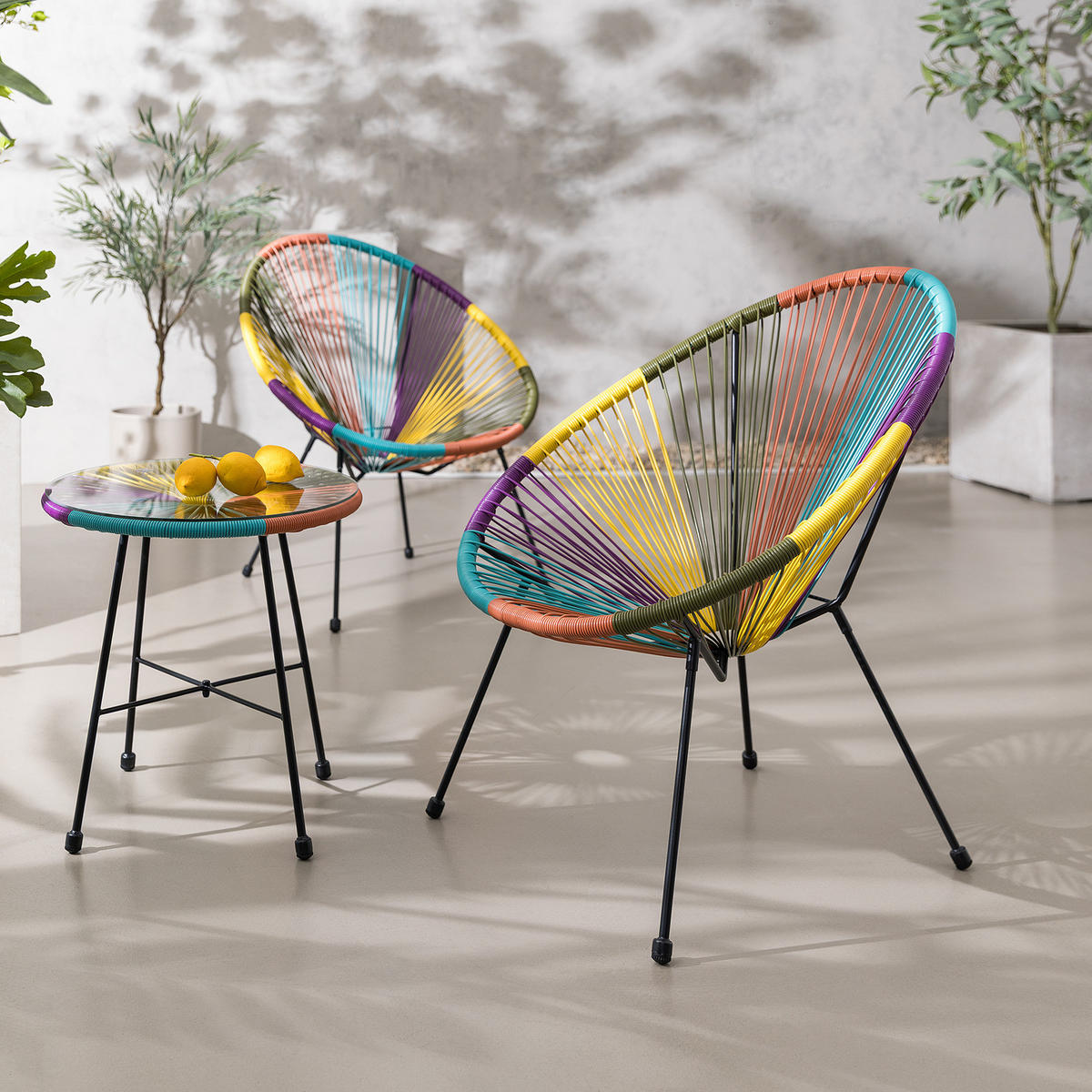 SITZGRUPPE - Stahl / Polyrattan - 3-teilig - Multicolor, Naturmaterialien/Glas - home24