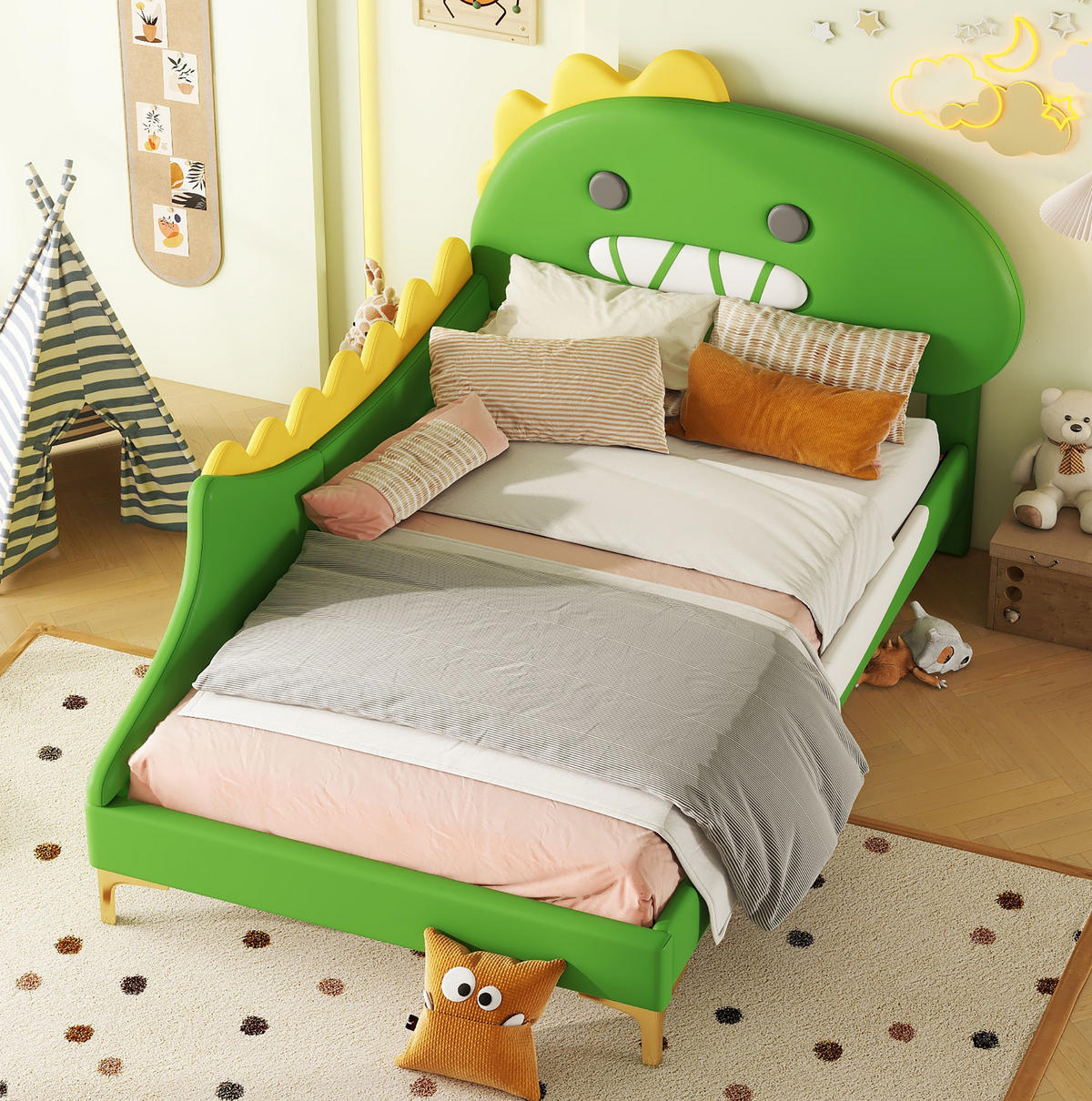KINDERBETT 90/200 cm als Flachbett mit Cartoon-Dinosaurier-Design aus PU und MDF, Grün - Grün, Kunststoff (90/200cm) - Redom