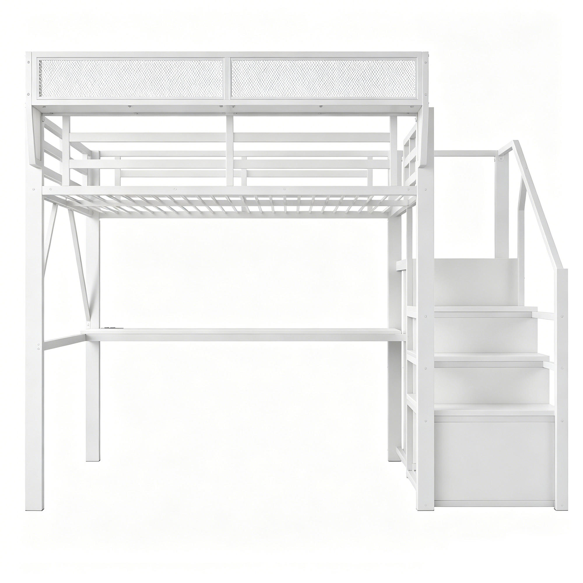 HOCHBETT 140/200 cm Weiß mit Langer Schreibtisch, Stauraumtreppe und LED-Beleuchtung - Weiß, Metall (140/200cm) - Oxeza