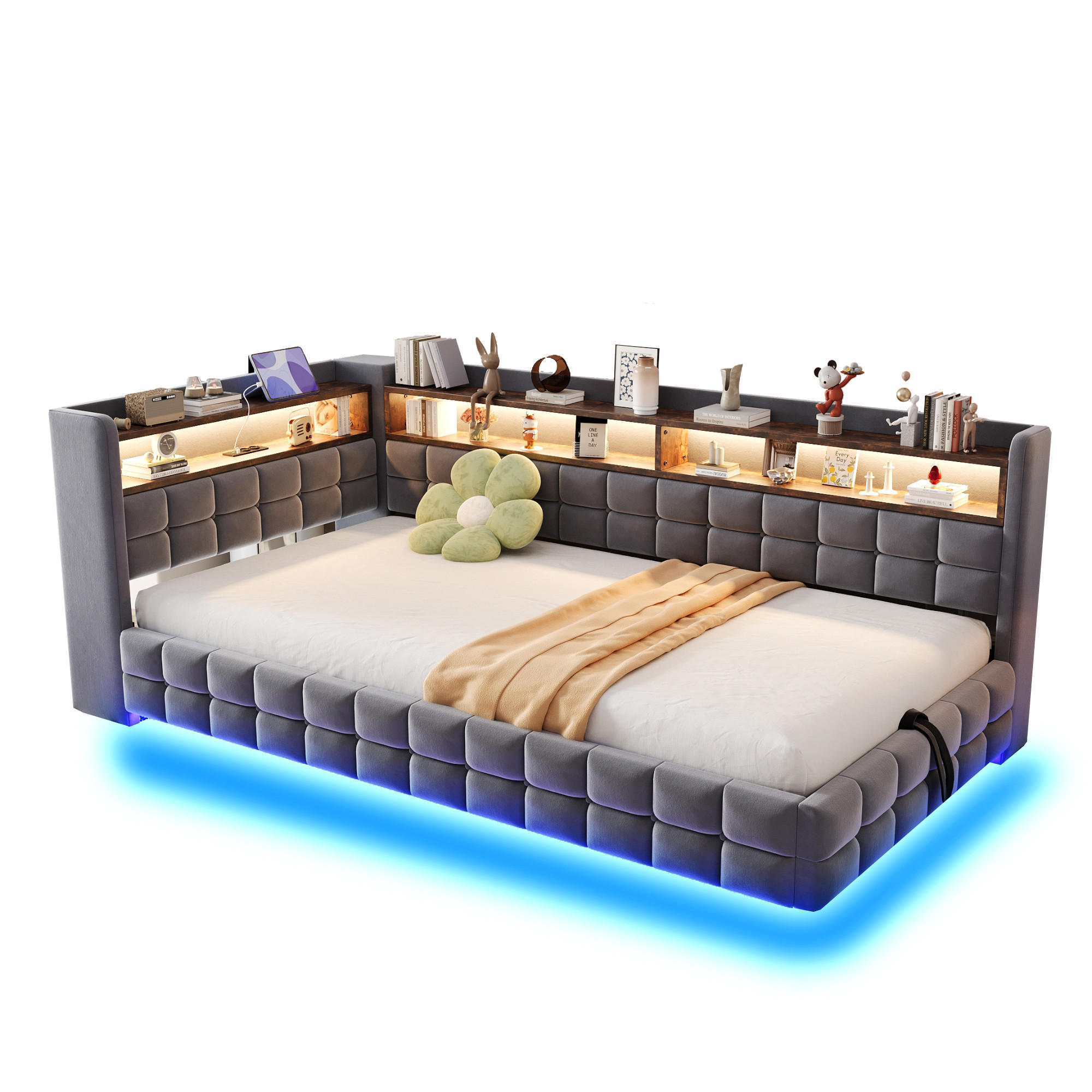 WISHDOR ČALOUNĚNÁ POSTEL 90x200 cm v Šedém Sametu s Úložným Boxem, Regálem, LED a USB