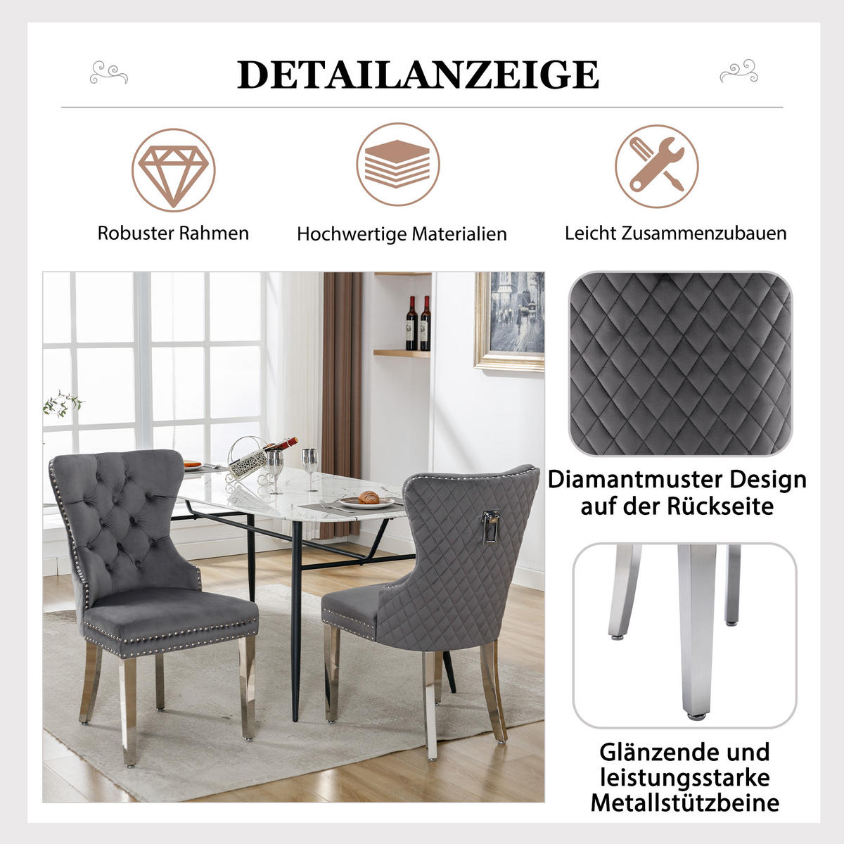 ESSZIMMERSTUHL 2-Tlg Samt Grau, Nagelkopf, Metall Beine - Grau, Textil (53/94.5/62.5cm) - FLIEKS