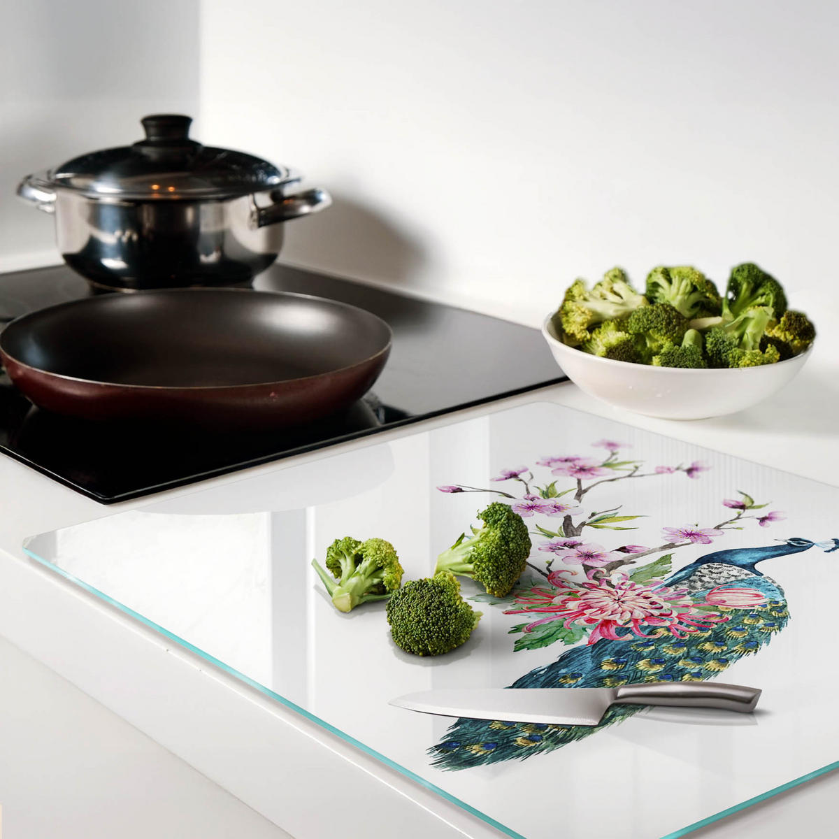 GLASPLATTE 60x52 cm Pfau und Blumen - Multicolor, Glas (60/0.4/52cm) - TULUP