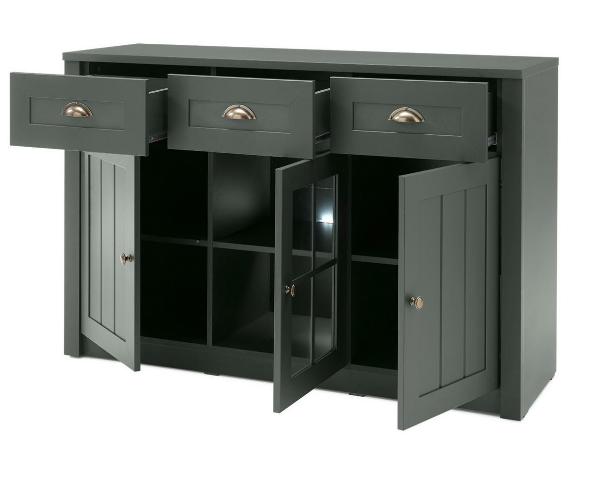 WOHNWAND grün Landhaus, Wohnkombination 4-teilig 270 x 198 cm - Chromfarben/Schwarz, Glas/Holzwerkstoff (270/198/43cm) - Furn.Design