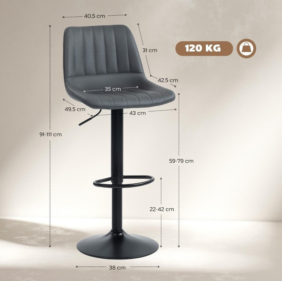BARHOCKER 2er-Set höhenverstellbar 43 x 49,5 x 91-111 cm Kunstleder Dark Gray - Dunkelgrau, Metall (49.5/111/43cm) - Meubliv