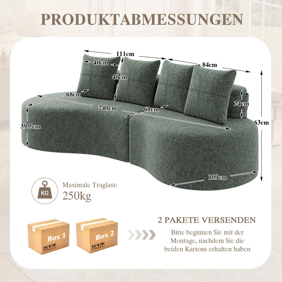 SOFA 240/109/63 cm in Grün aus Leinen mit 4 Kissen, Becherhaltern und Taschen - Grün, Textil (109/63/240cm) - Flora Grace