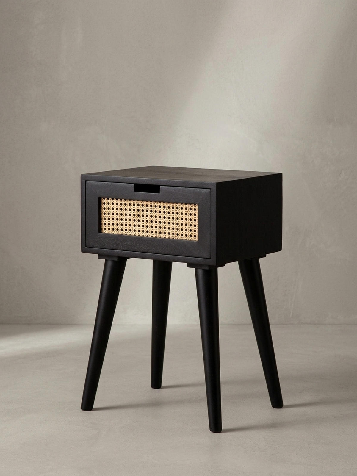 NACHTTISCH – Mango Massivholz/Rattan, 40x60x30 cm, Schwarz, 1 Schublade, Wiener Geflecht - Schwarz, Holz (40/60/30cm) - KADIMA DESIGN