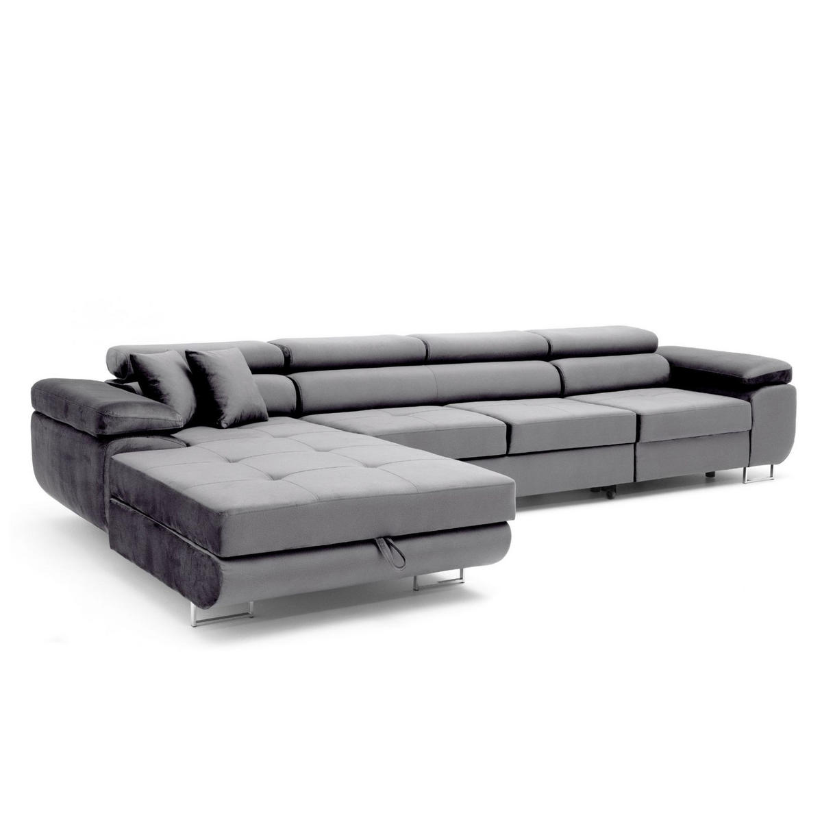 ECKSOFA ALONZO MAXI Links mit Schlaffunktion 125x195 Velours Grau - Silberfarben/Grau, Holz/Textil (350/203cm) - Muffo