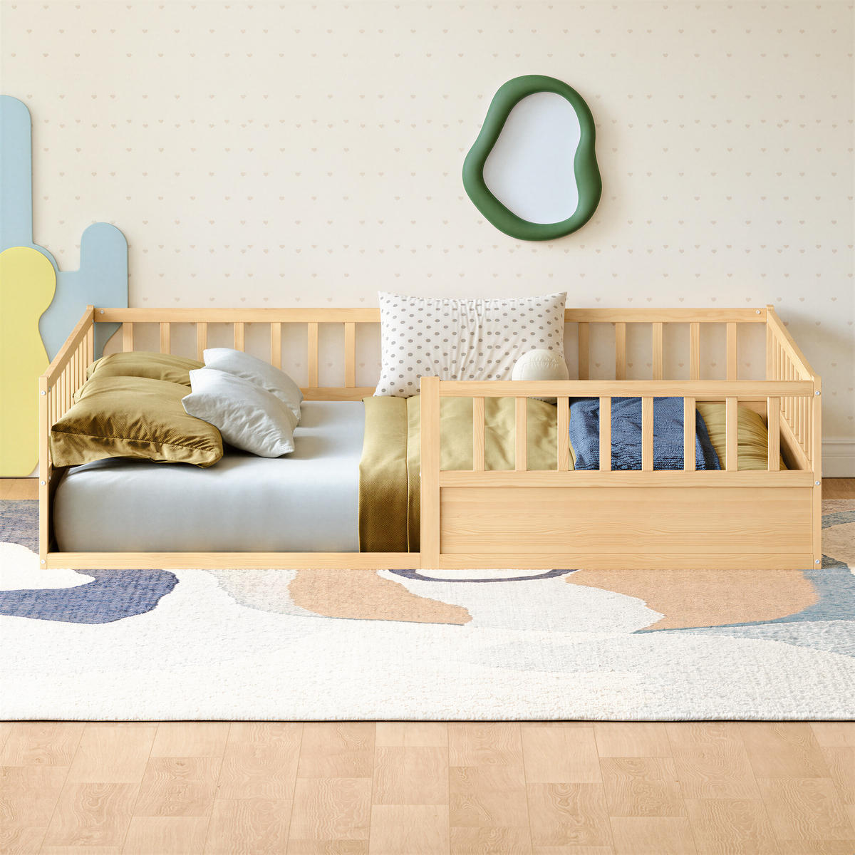 KINDERBETT 140/200 cm in Natur Massivholz mit Rausfallschutz und Lattenrost - Naturfarben, Holzwerkstoff/Metall (140/200cm) - WISHDOR