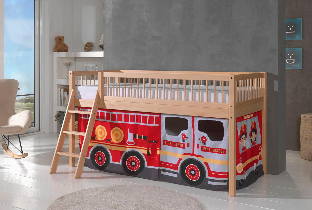 HALBHOHES BETT Kelci 90x200 Textilset Fire Rescue Buche Massivholz - Buchefarben, Holz (90/200cm) - 58aufmkessel