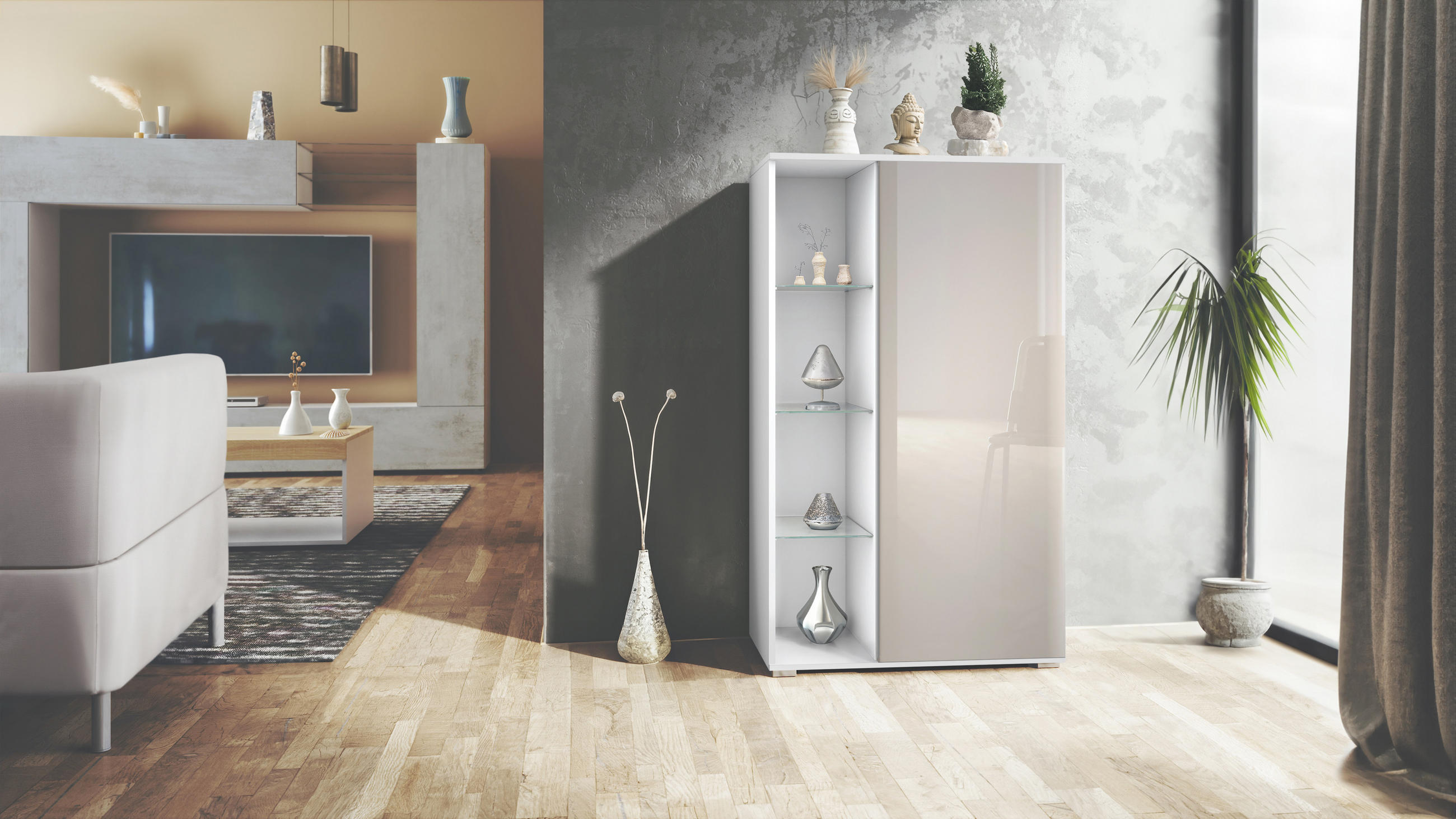 VITRINE Davos Sandgrau Hochglanz - Sandfarben, Holzwerkstoff (71.5/134/35cm) - Vladon