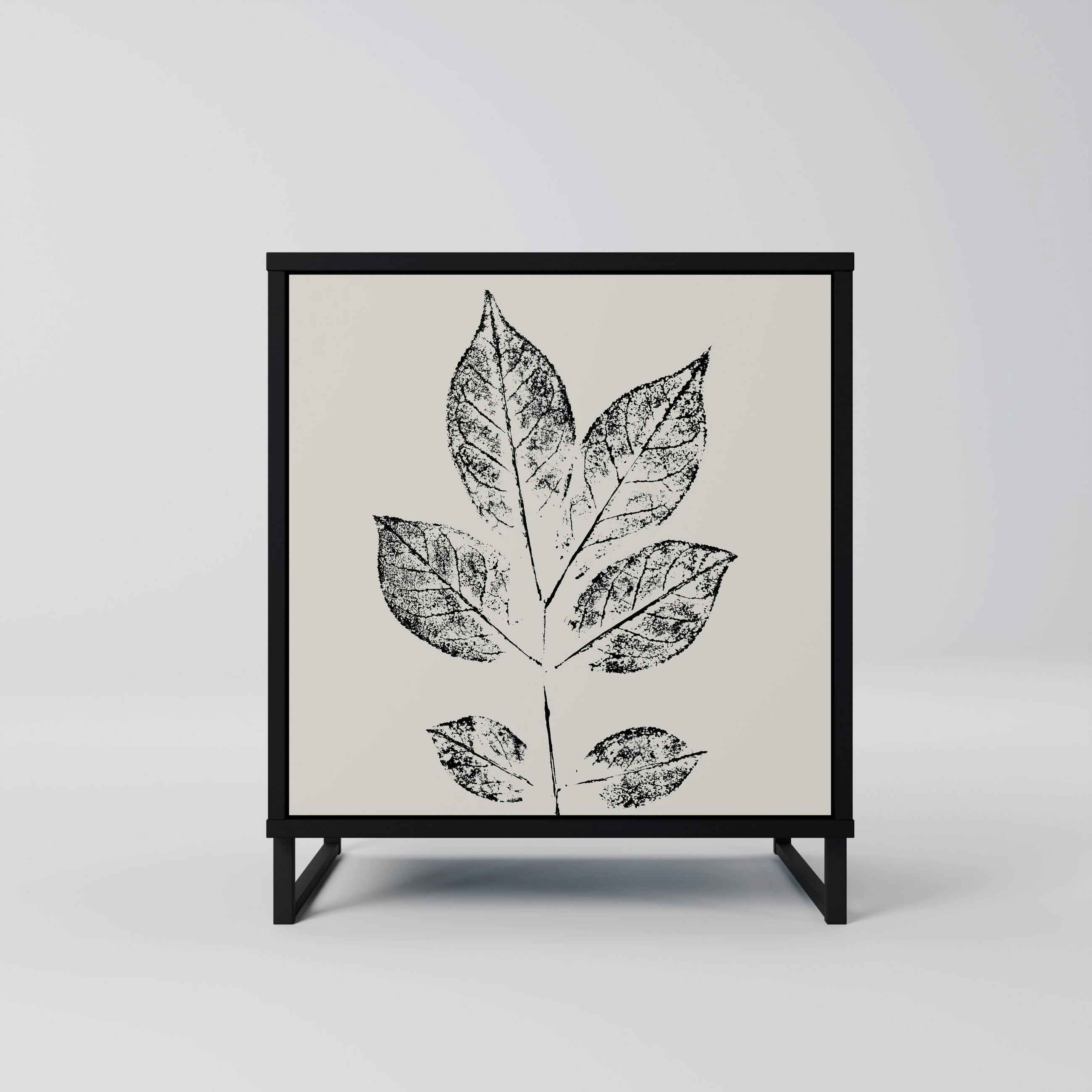 SIDEBOARD LEAFY STAMPS, Schwarz, 57,5x42x67,5 cm, Schwarze Metall-Rahmenfüße - Multicolor/Schwarz, Holzwerkstoff/Metall (57.5/67.5/42cm) - SpaceRebels
