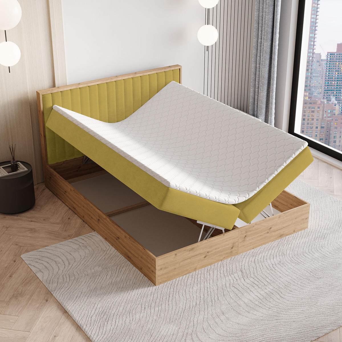 BOXBETT VARELI 180x200 cm mit Matratze und Topper - Gelb - Gelb, Holz (180/200cm) - MASSENO