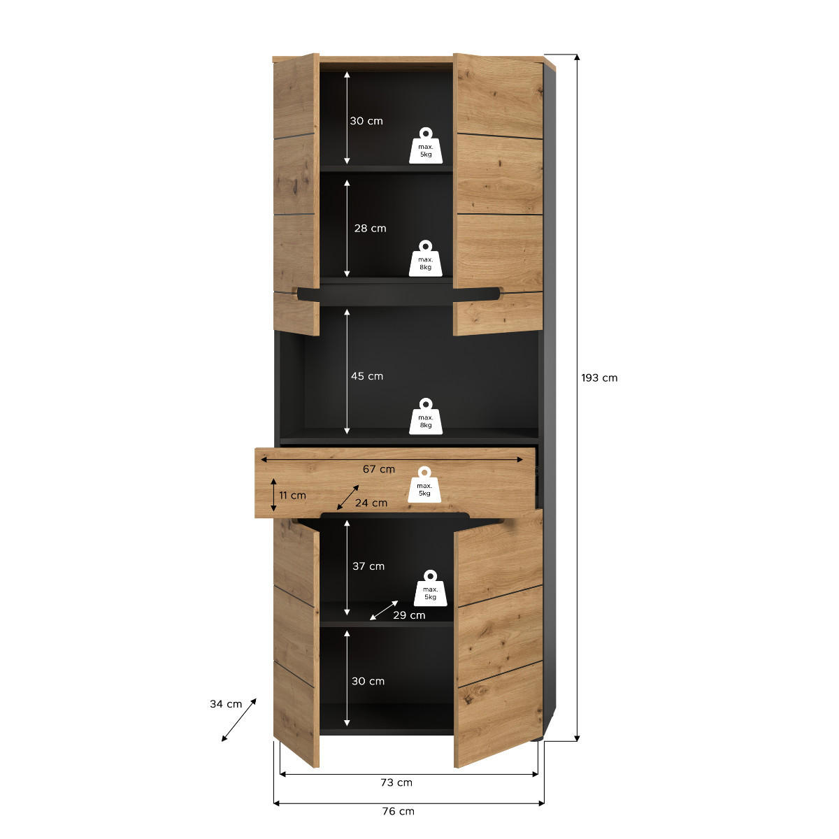 DOPPELSCHRANK für das Badezimmer, 4 Türen, 1 Schublade 34/193/76 cm - Eschefarben, Holzwerkstoff (34/193/43.5cm) - Calicosy