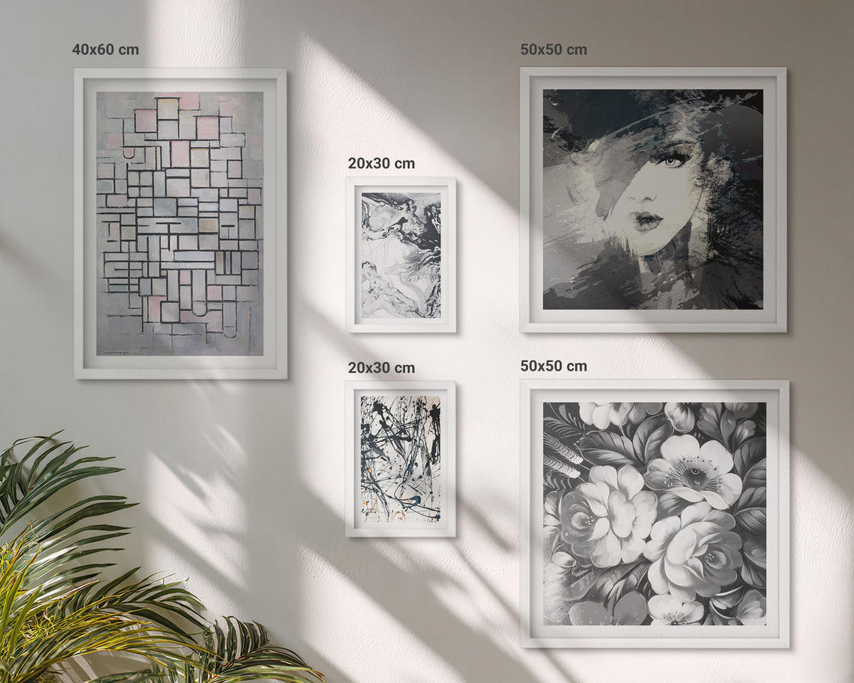 WANDBILDER 5er-Set - 50x50 cm & 20x30 cm & 40x60 cm Weißer Rahmen - Abstrakte schwarz-weiße Muster - Weiß, Kunststoff (40/60cm) - ArtPrintCave