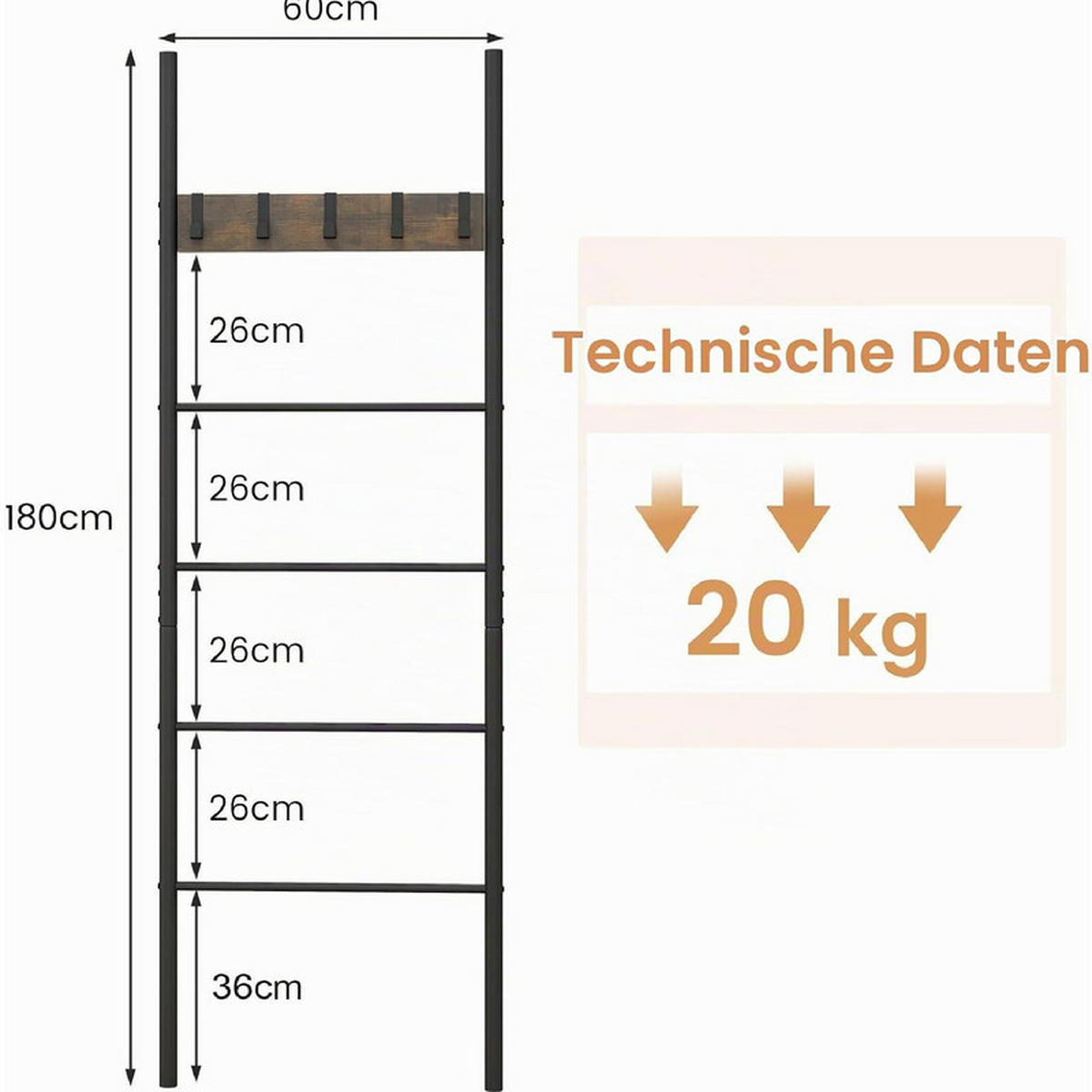 HANDTUCHSTÄNDER mit abnehmbaren Haken schwarz - Schwarz, Metall (60/180/3.2cm) - COSTWAY