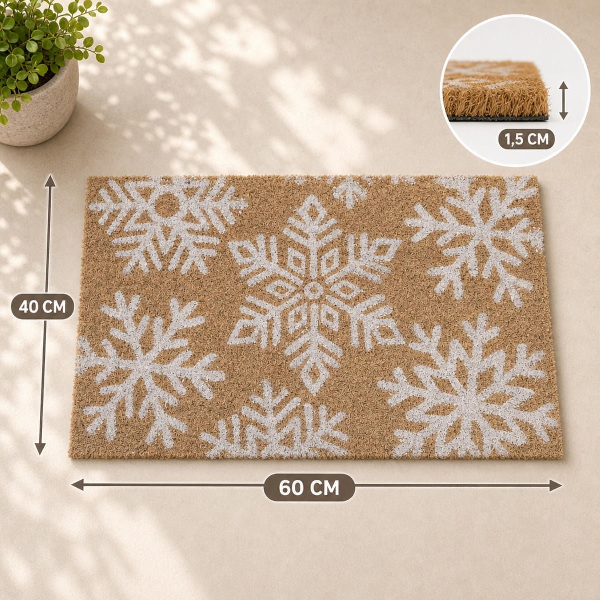 ROHOŽKA Přírodní Bílá kokosové vlákno protiskluzová sněhové vločky 60x40 cm - světle hnědá, textil/plast (60/40cm) - Relaxdays