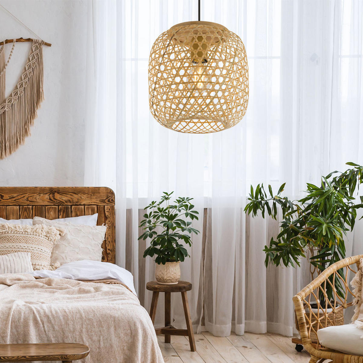 HÄNGELEUCHTE Bambus Geflecht Braun - Braun, Holz (23/23/135cm) - Globo Lighting