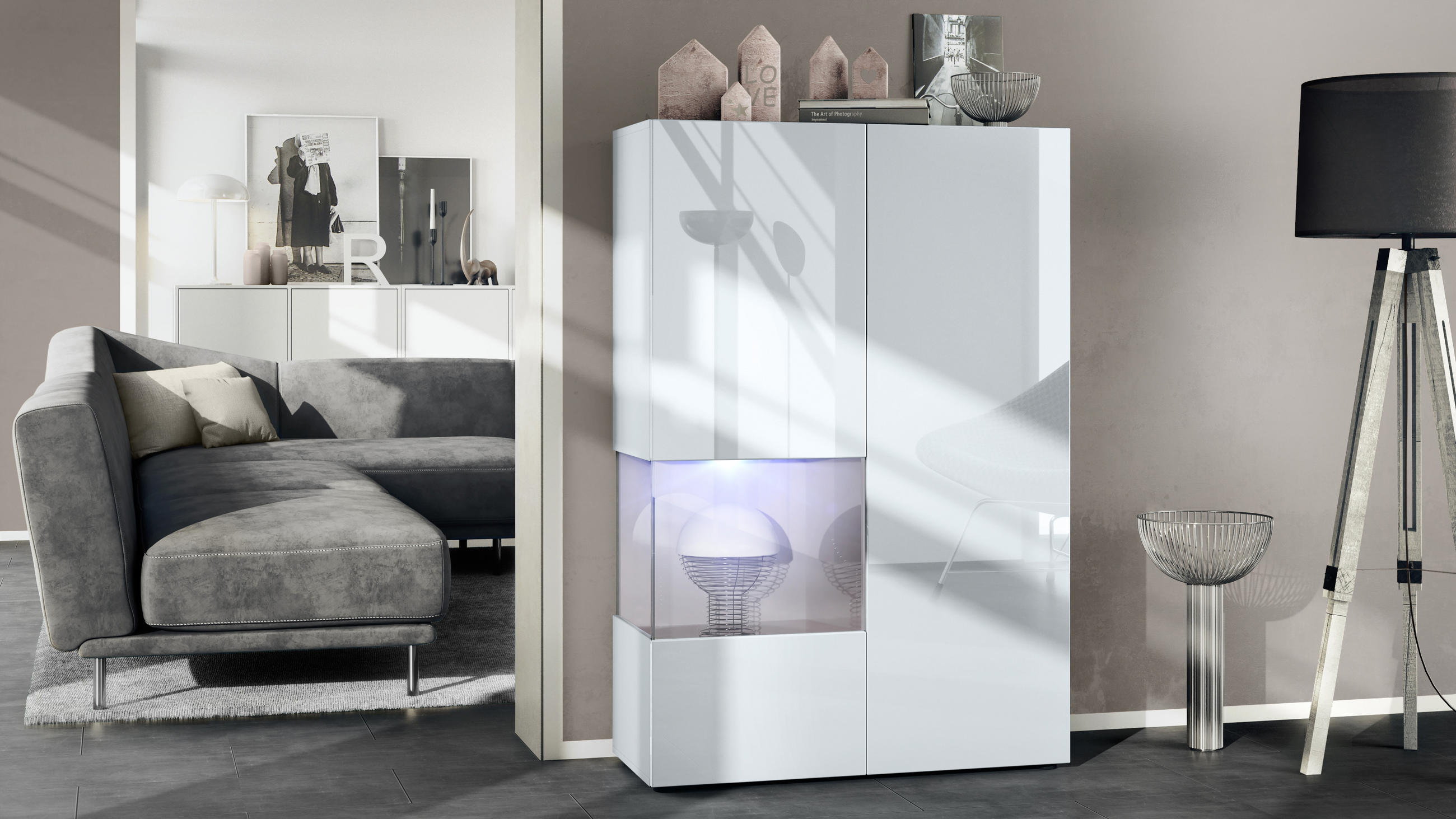 VITRINE Morena Einsatz in Sandgrau Hochglanz - Sandfarben, Holzwerkstoff (91.5/136.5/37cm) - Vladon