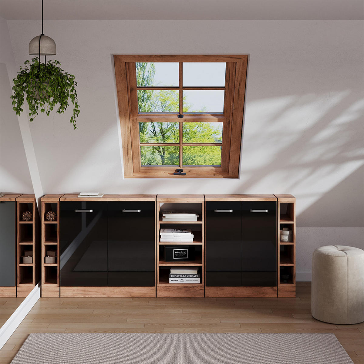 ŠATNÍ SESTAVA PRO ŠIKMÉ STŘECHY Rion Černý vysoký lesk 210 cm Sada 5 korpusů skříně hloubka 60 cm - medově dubová/vysoce lesklá černá, kompozitní dřevo (210/83.8/60cm) - Vicco