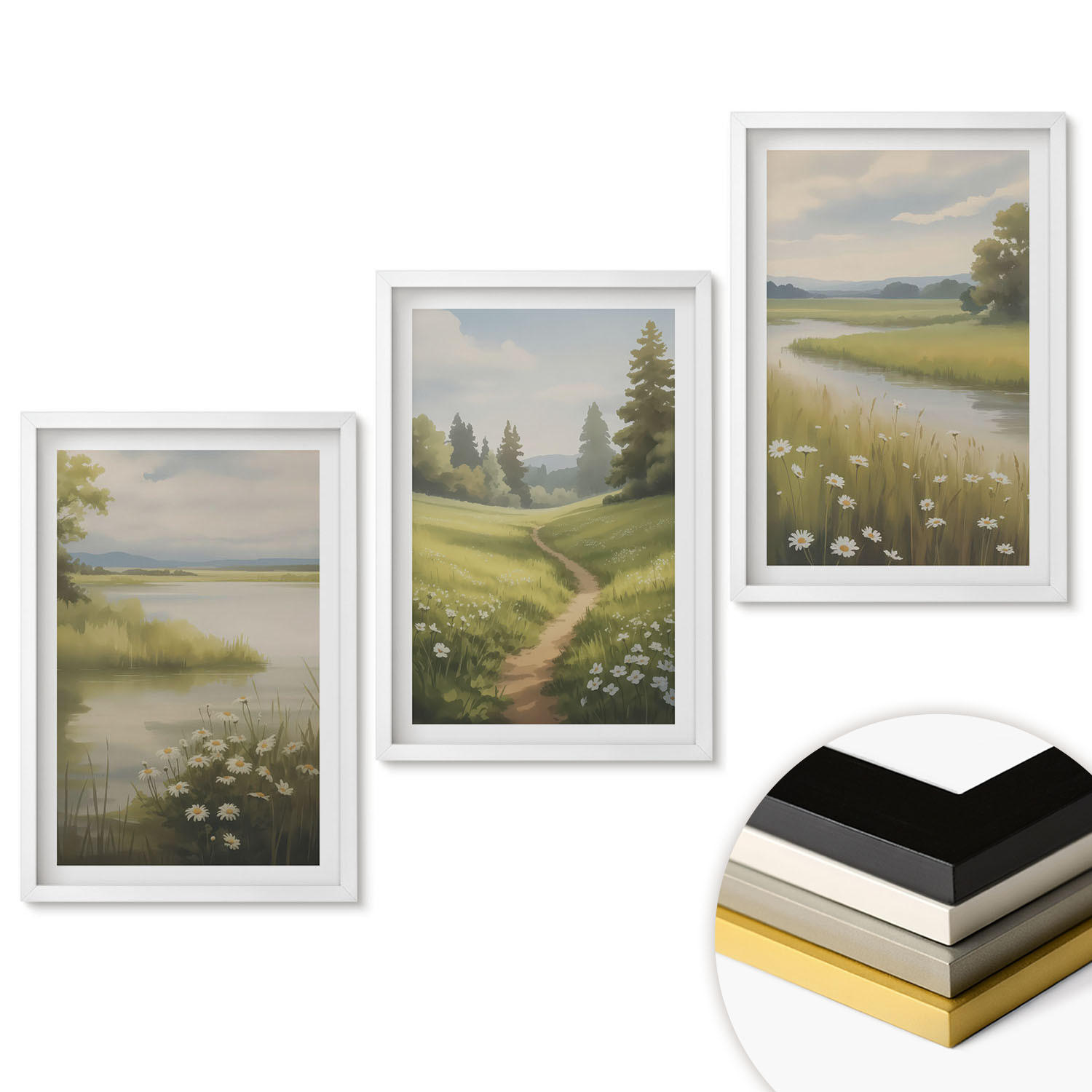 WANDBILDER 3er-Set - 40x60 cm Weißer Rahmen - Frühlingslandschaft Flusswiese - Weiß, Kunststoff (40/60cm) - ArtPrintCave