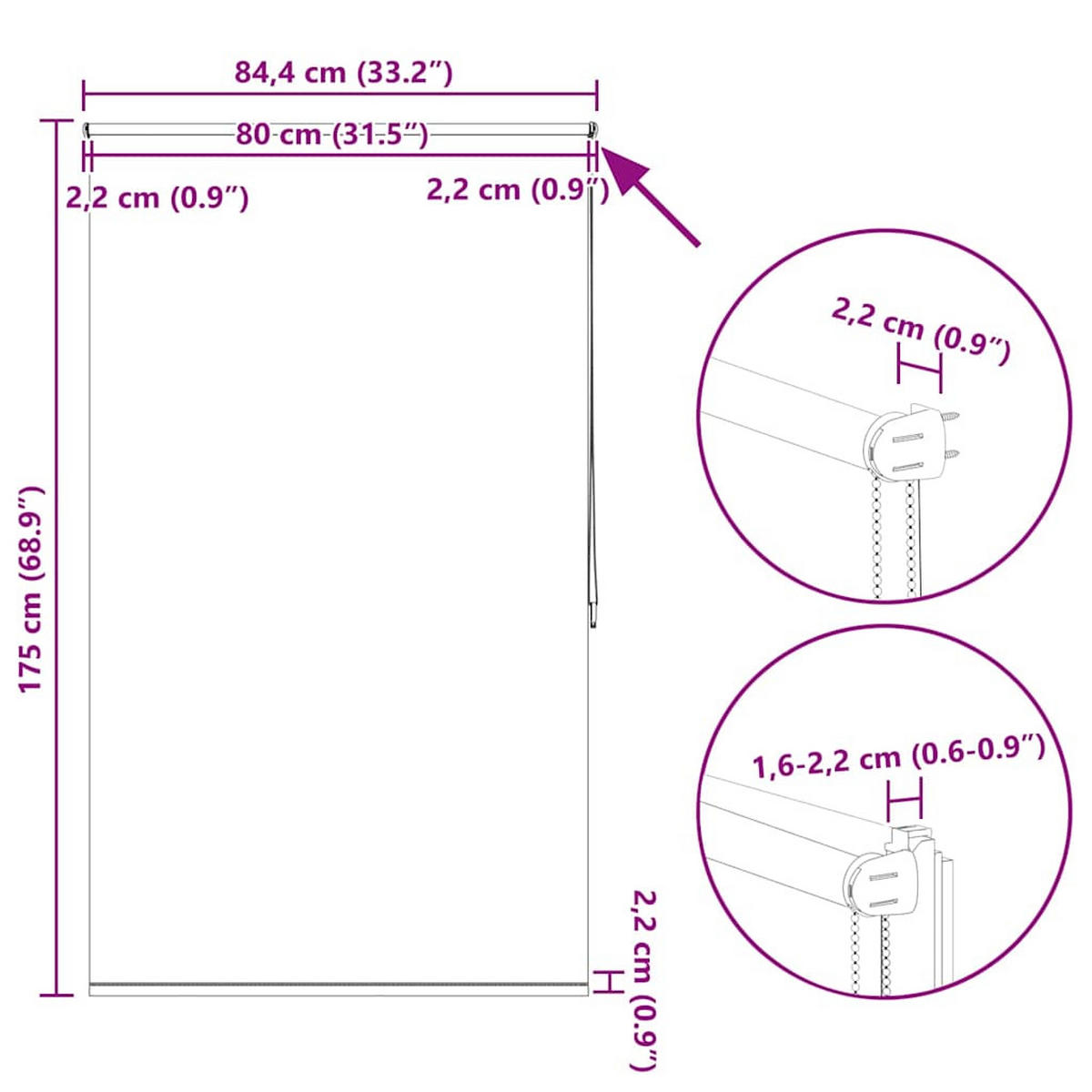 VERDUNKELUNGSROLLO 84,4/175 cm Stoffbreite 80 cm aus Polyester Weiß - Weiß, Textil (80/175cm) - vidaXL