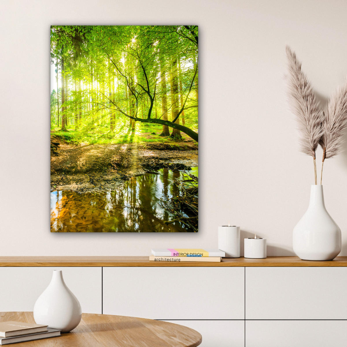 LEINWANDBILD Wald - Landschaft - Wasser - Bäume - Sonne - Grün - Natur 60x80 cm - Grün, Textil (60/80cm) - MuchoWow