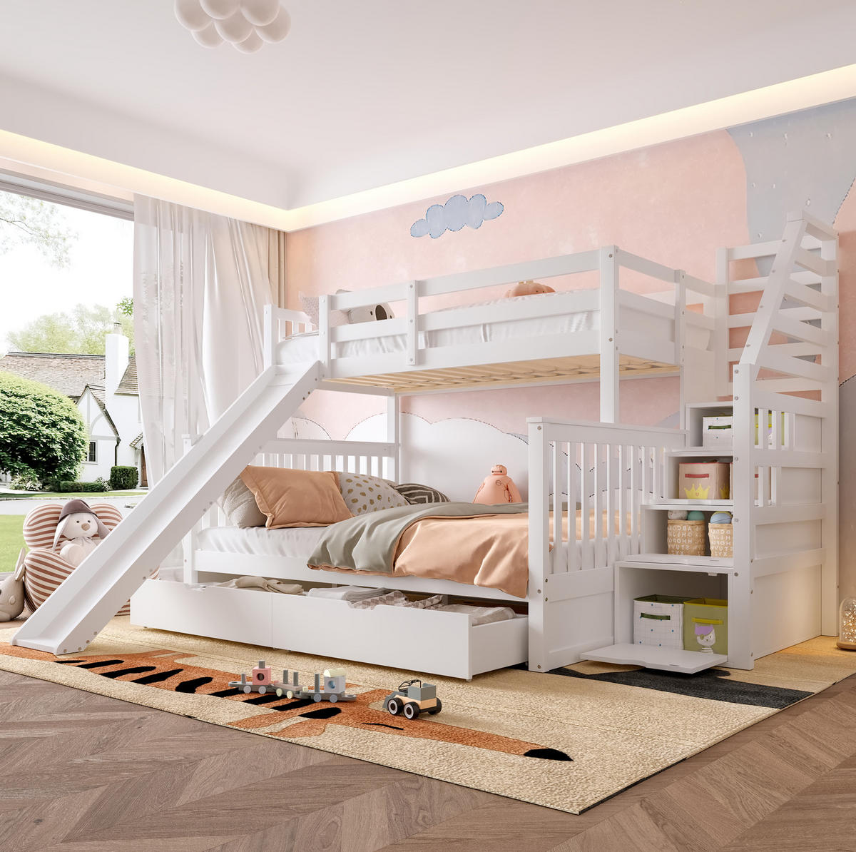 ETAGENBETT 90/200 über 140/200 cm mit Rutsche, 2 Schubladen und Stauraum aus Kiefer/MDF, Antikweiß - Weiß, Holzwerkstoff (90/200cm) - Redom