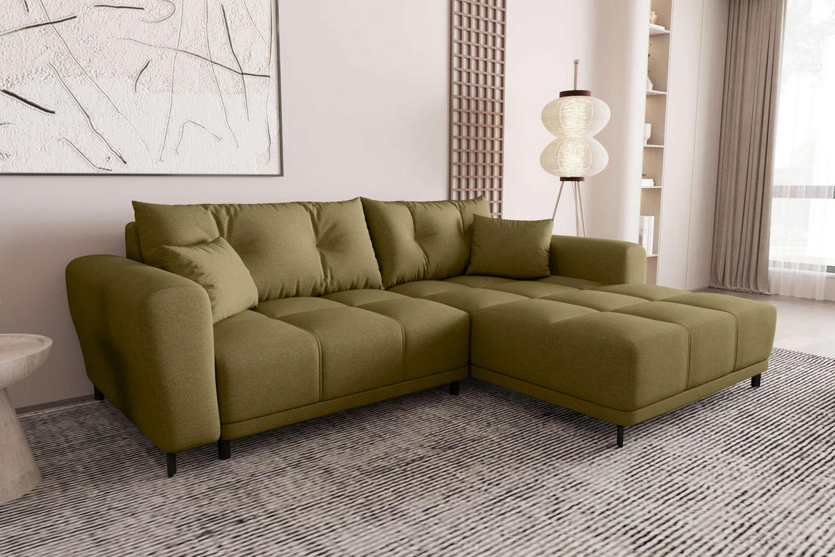 ECKSOFA Massimo Strukturstoff Olivgrün inkl. Schlaffunktion Rechts - Schwarz/Olivgrün, Textil/Metall (246/177cm) - 99rooms