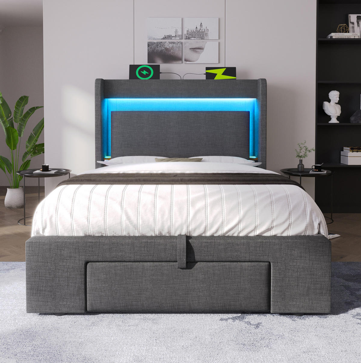 POLSTERBETT 90/200 cm Grau aus Leinen mit Stauraum, LED und USB- & Type-C-Anschlüssen - Grau, Textil (90/200cm) - Flora Grace