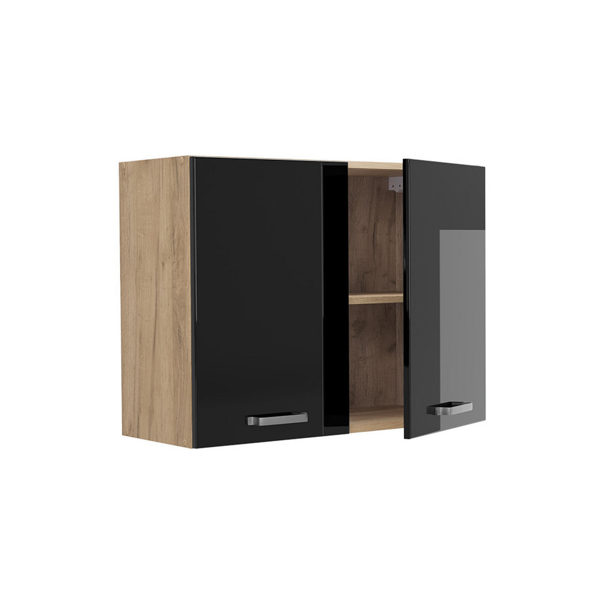 KÜCHENGLASSCHRANK R-Line, Schwarz Hochglanz/Goldkraft Eiche, 80 cm - Schwarz Hochglanz/Eichefarben, Holzwerkstoff (80/60/31cm) - Vicco