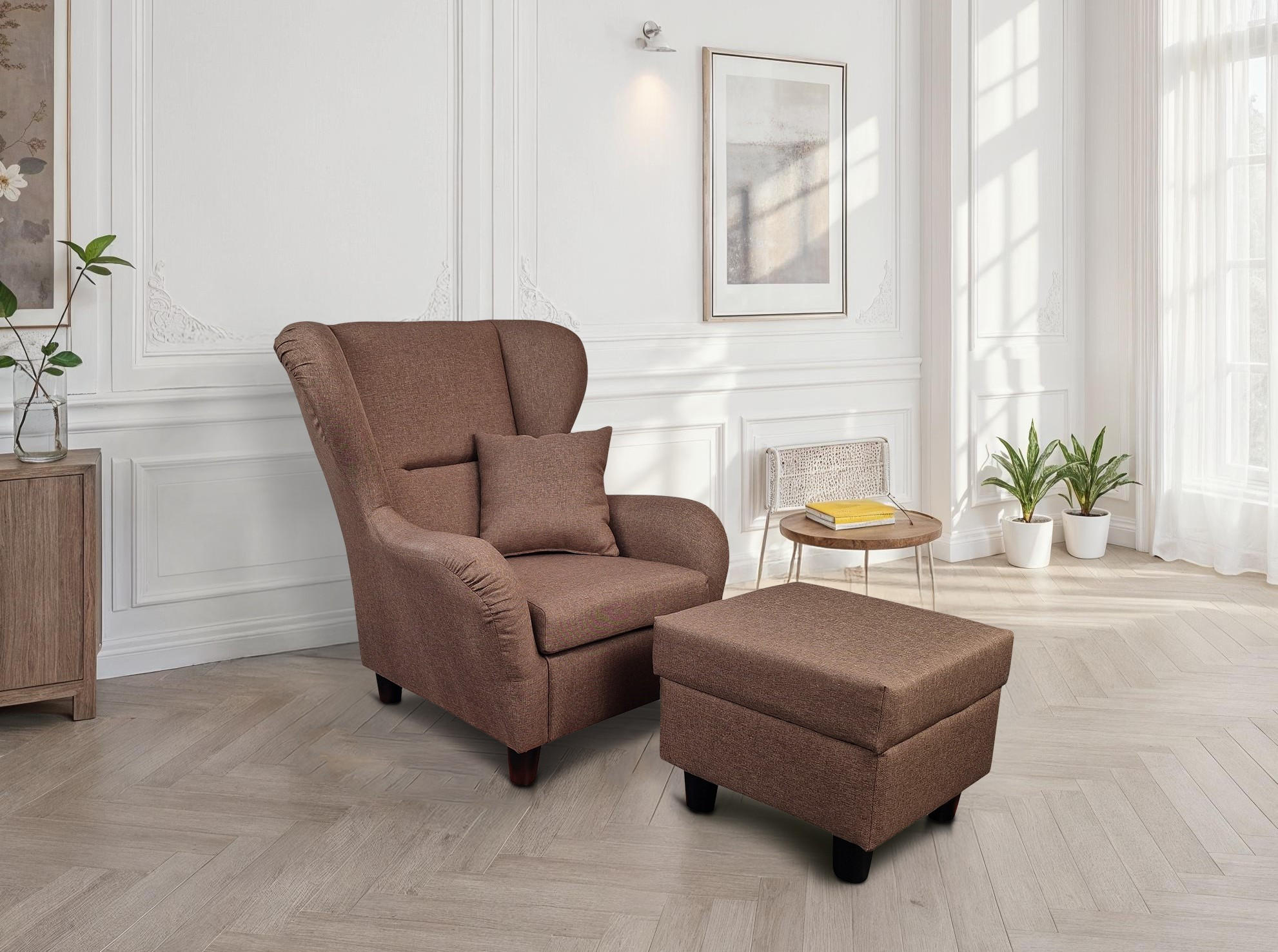 OHRENSESSEL mit HOCKER, hoher Sitzkomfort durch Wellenunterfederung B90/H98/T76 cm, Strukturstoff Braun / 18003 - Schwarz/Braun, Holz/Textil (90/98/76cm) - luma-home