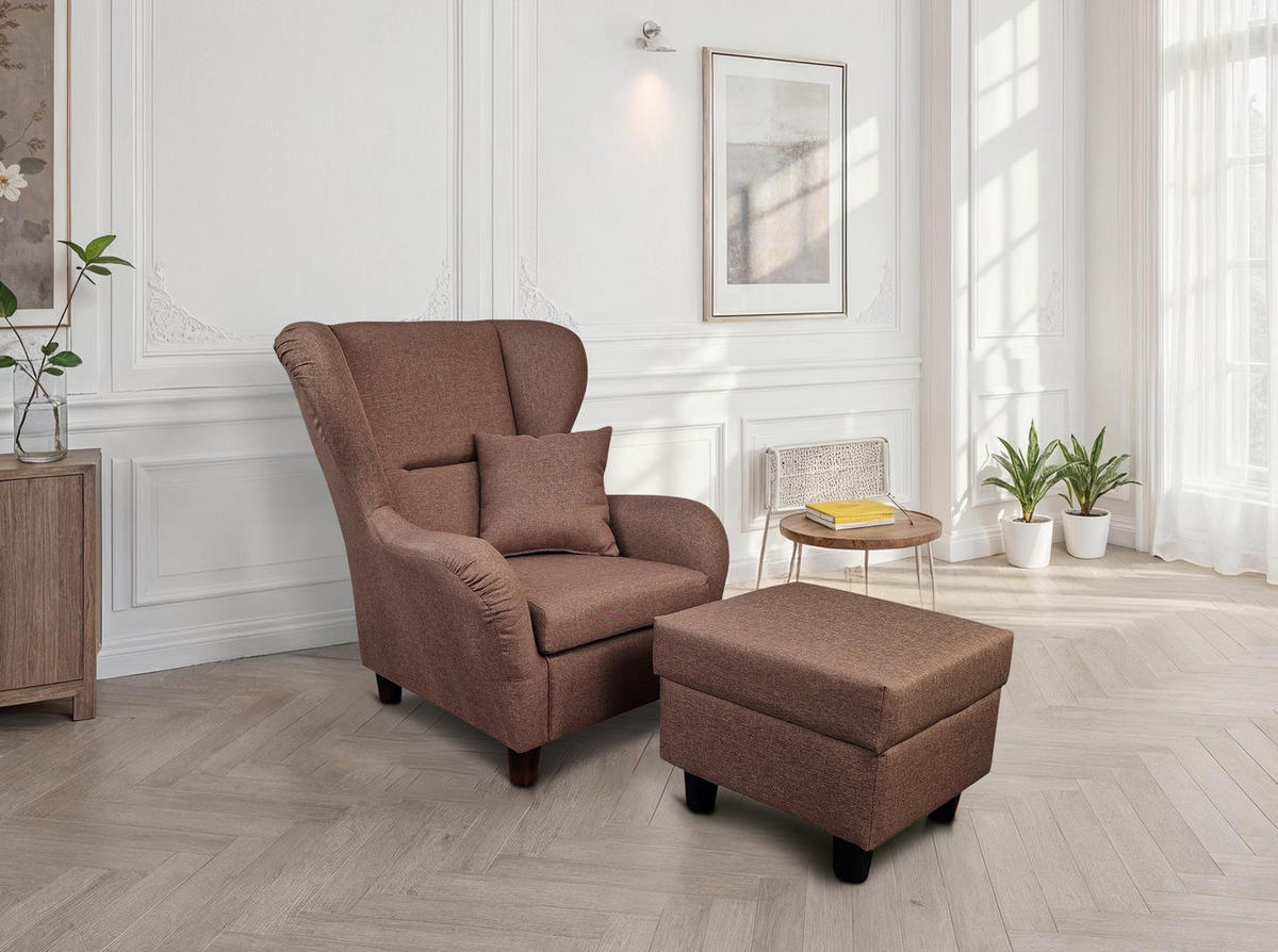 OHRENSESSEL mit HOCKER, hoher Sitzkomfort durch Wellenunterfederung B90/H98/T76 cm, Strukturstoff Braun / 18003 - Schwarz/Braun, Holz/Textil (90/98/76cm) - luma-home