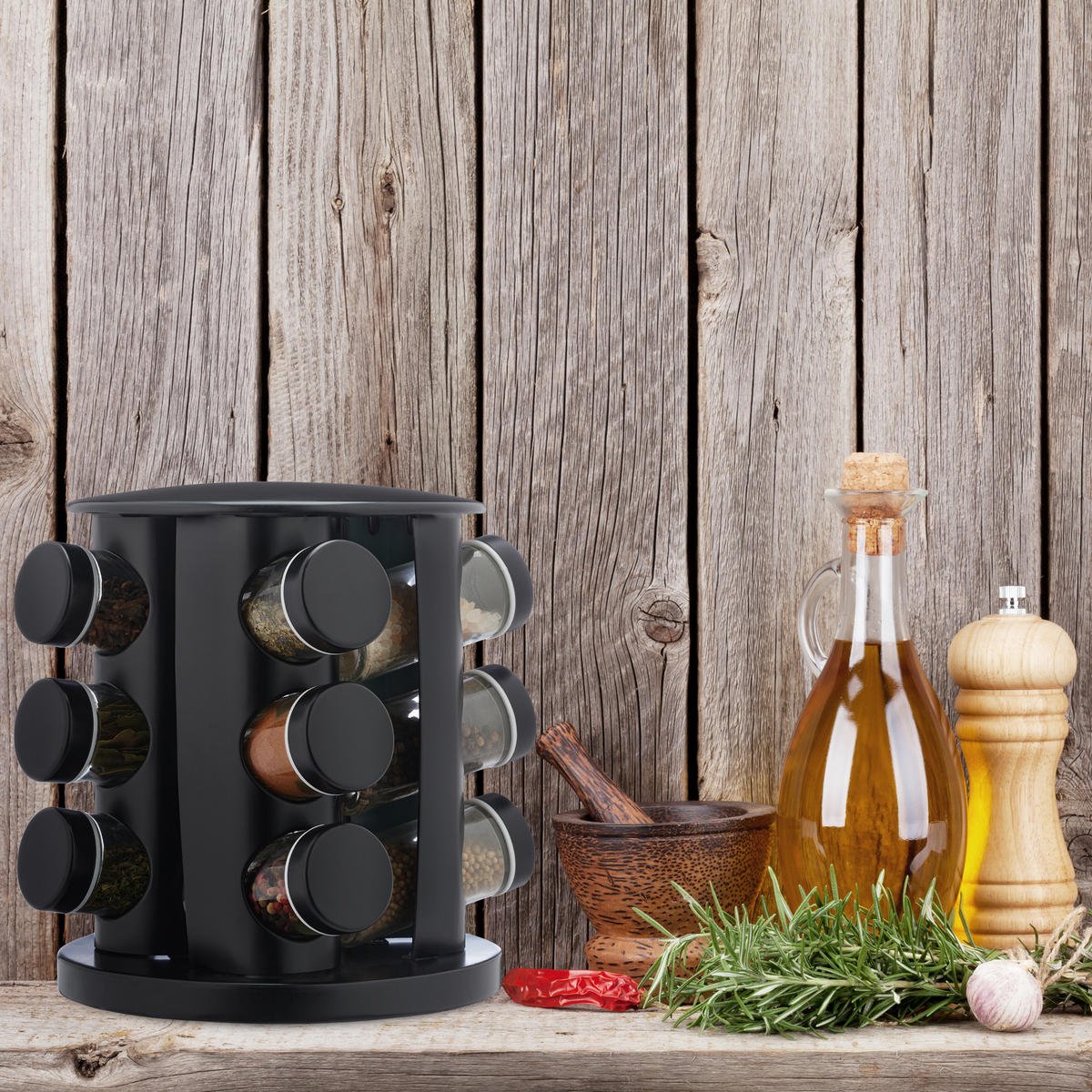 13-DIELNY stojan na korenie - čierna, kov/sklo (19/22/19cm) - Relaxdays