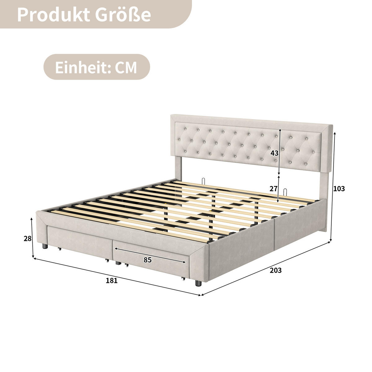 POLSTERBETT 180x200 cm mit 2 Fußschubladen, Hydraulischer Bettkasten, beiger Samtstoff - Beige, Holz (180/200cm) - BRILVERDE