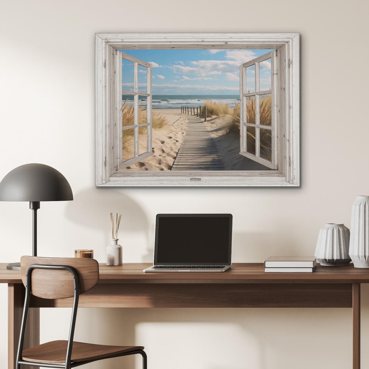 AKUSTIKPANEEL Fenster - Meer - Küste - Natur - Ausblick - Strand - Wattenmeer 80x60 cm - Beige, Textil (80/0.9/60cm) - MuchoWow