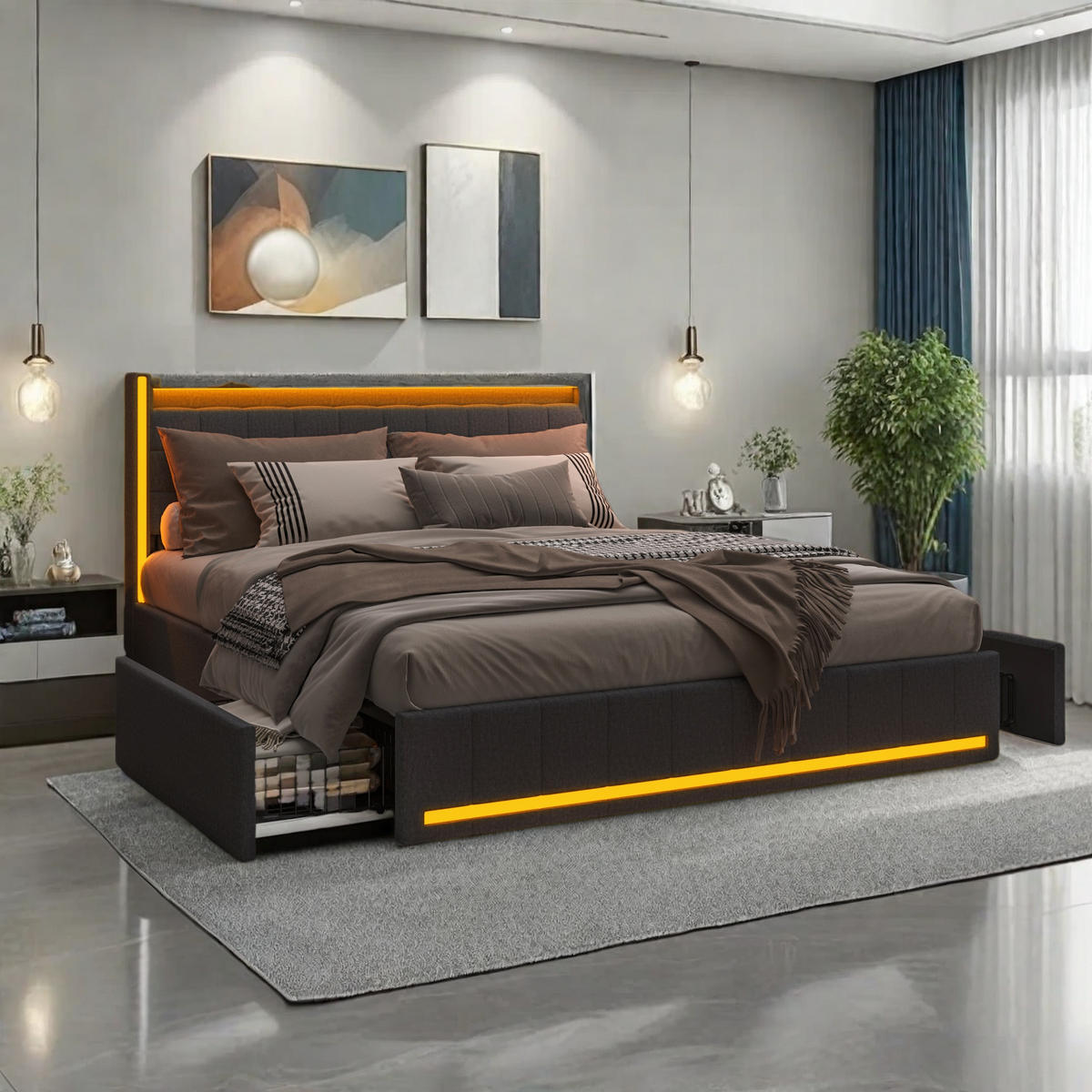 DOPPELBETT 140x200cm grau leinen led schubladen usb typ-c - Dunkelgrau, Metall - SHOPENTRA