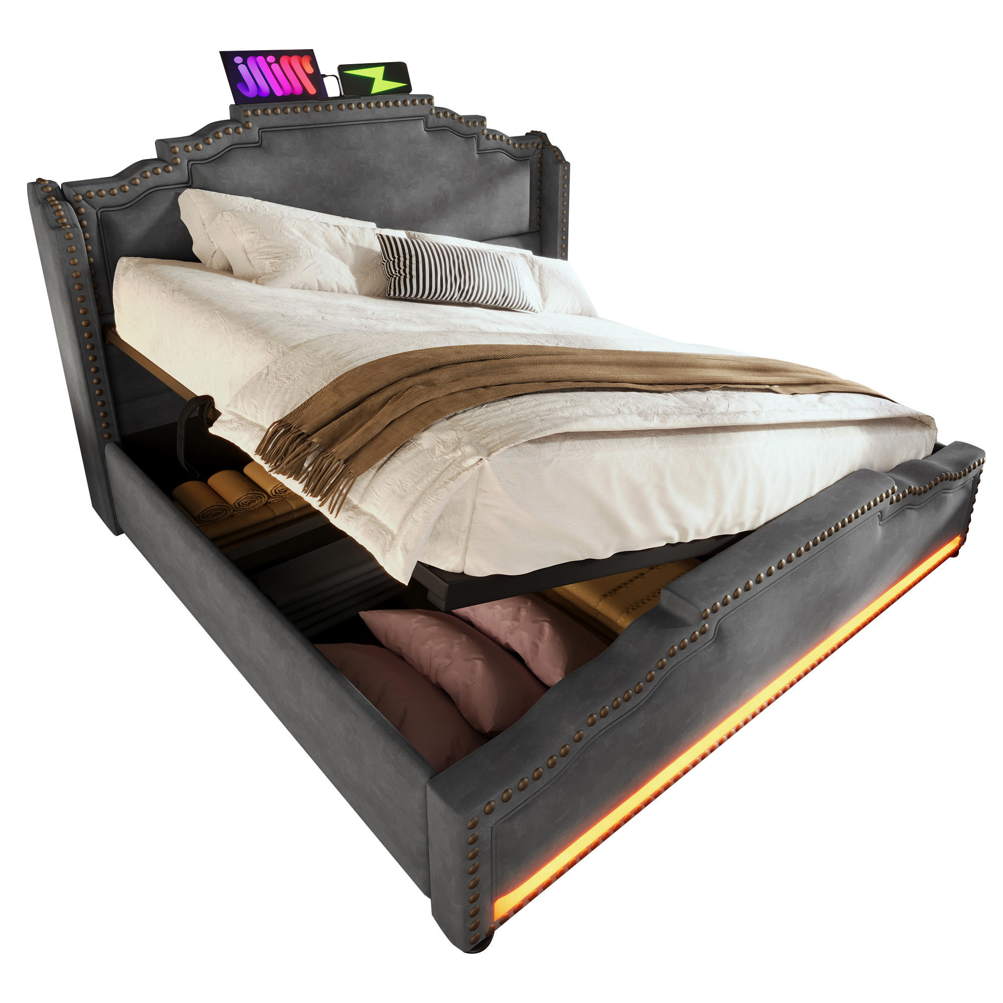 POLSTERBETT 140/200 cm Grau mit hydraulischem Stauraum, LED-Beleuchtung und USB-C-Anschlüssen - Grau, Textil (140/200cm) - OKWISH