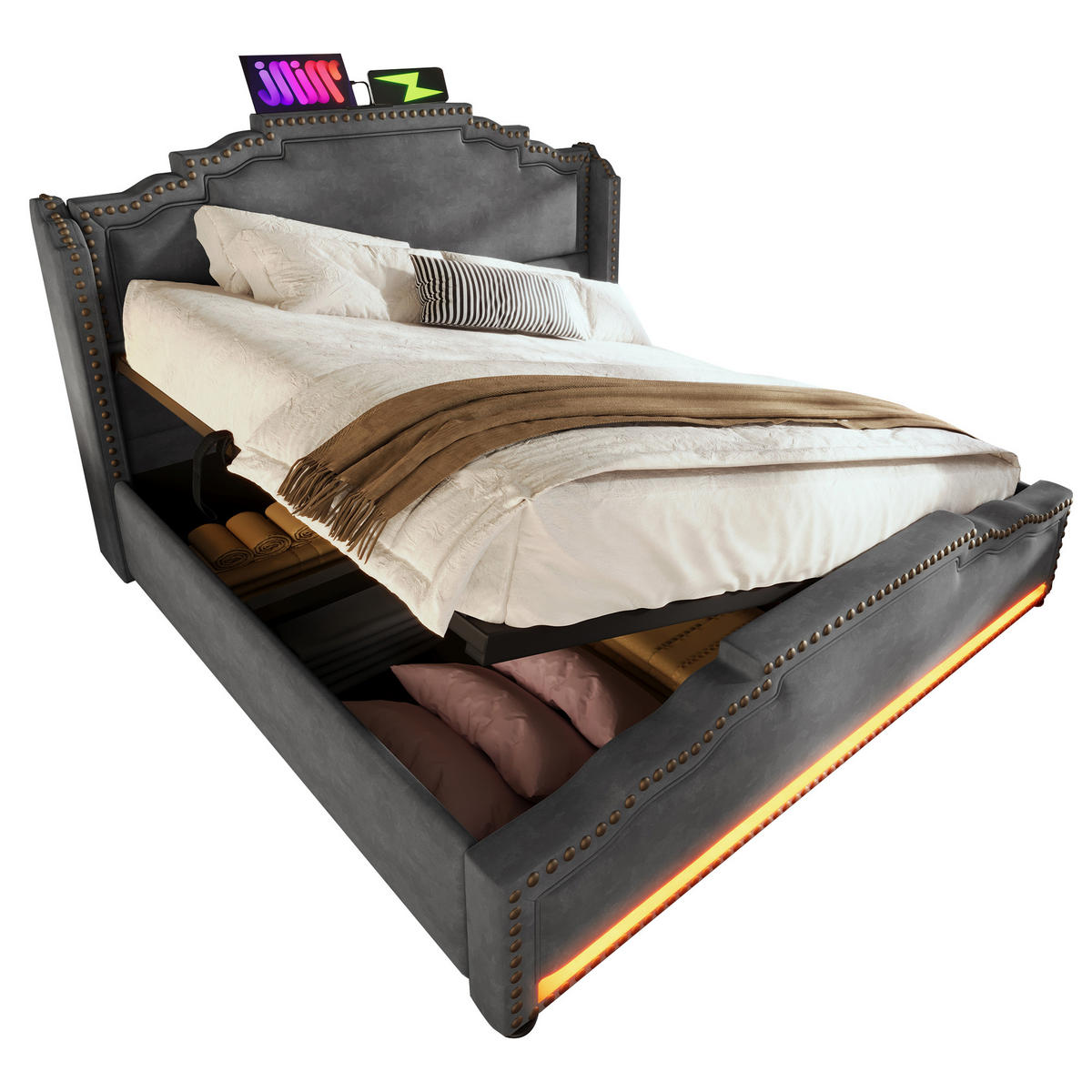 POLSTERBETT 140/200 cm Grau mit hydraulischem Stauraum, LED-Beleuchtung und USB-C-Anschlüssen - Grau, Textil (140/200cm) - OKWISH