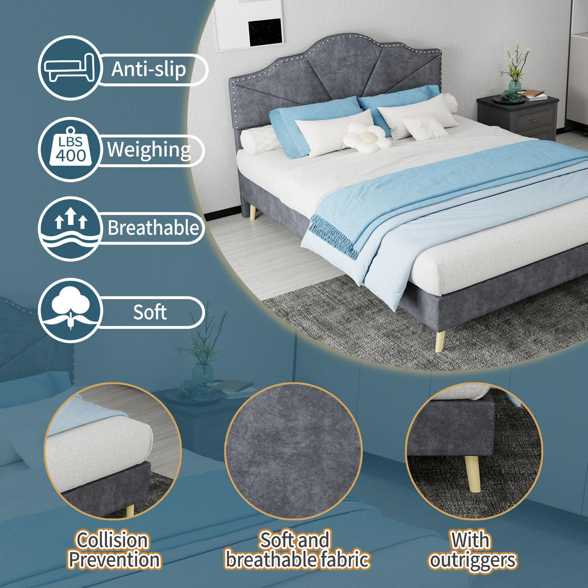 BETT 140x200 cm Stoff Grau inklusive Matratze - Grau, Metall (140/200cm) - Meubliv