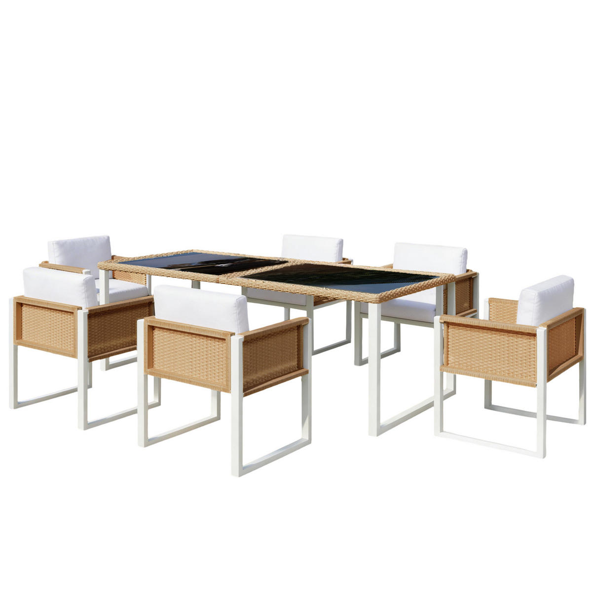 GARTEN-ESSGRUPPE 170/80/75 cm mit 6 Stühlen, gehärteter Glasplatte und abnehmbaren Bezügen, Braun/Weiß - Braun, Naturmaterialien - Redom